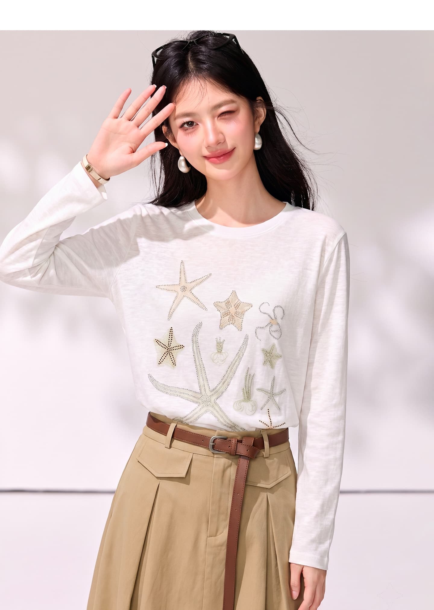 실사 럭키 불가사리 오리지널 새로운 긴팔 프린트 핫픽스 라운드 넥 티셔츠 화이트 루즈핏 캐주얼 느긋한 상세 이미지 7