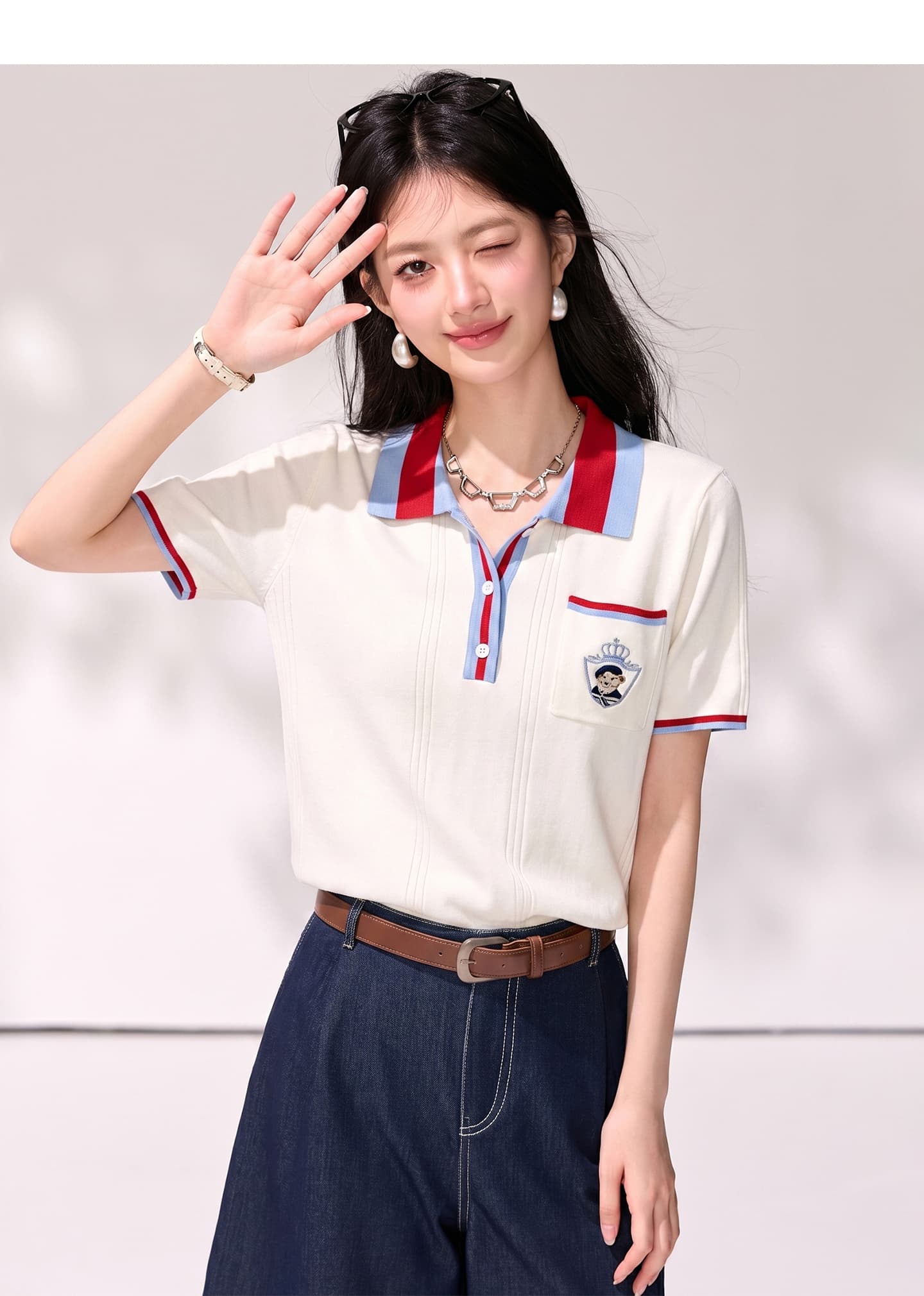 실사 잘 행동 한 연령 감소 학원 스타일 패치워크 색상 POLO 칼라 반팔 니트 스웨터 여성 2026 여름 새로운 쇼트 스타일 맨위 상세 이미지 3