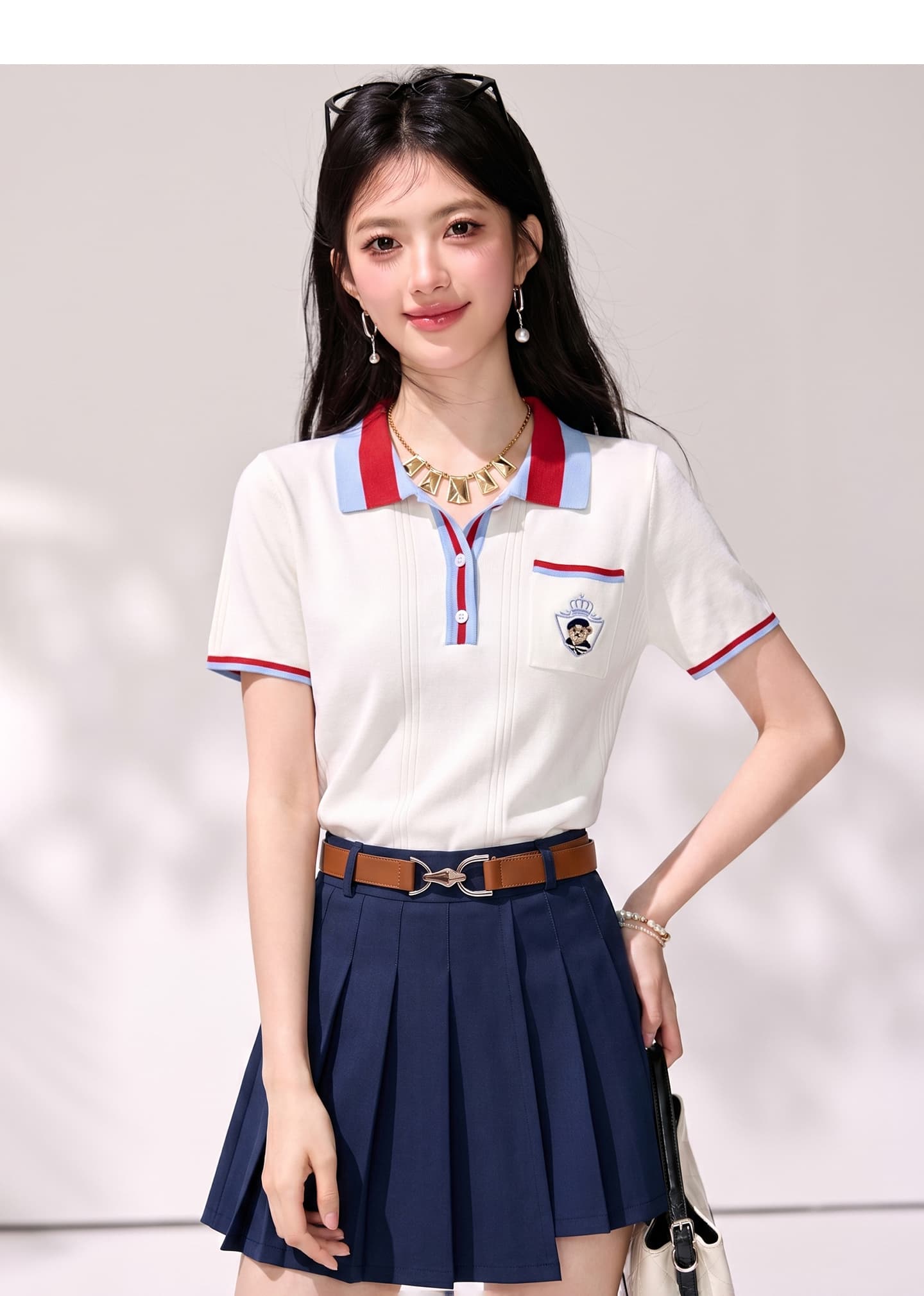 실사 잘 행동 한 연령 감소 학원 스타일 패치워크 색상 POLO 칼라 반팔 니트 스웨터 여성 2026 여름 새로운 쇼트 스타일 맨위 상세 이미지 7