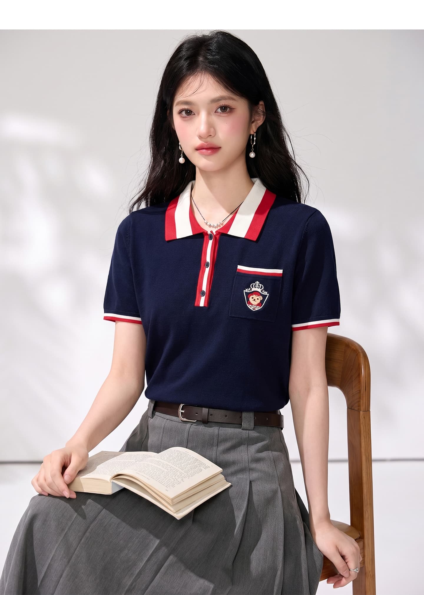 실사 잘 행동 한 연령 감소 학원 스타일 패치워크 색상 POLO 칼라 반팔 니트 스웨터 여성 2026 여름 새로운 쇼트 스타일 맨위 상세 이미지 11