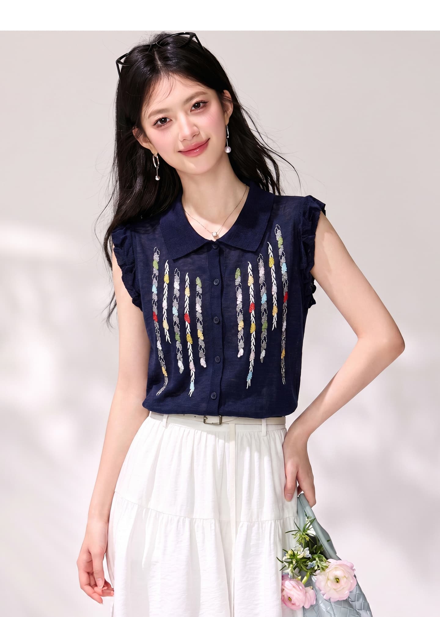 실사 Chic 작은 대중 자수 자수 얼음 실크 차가운 센스 Feifei 소매 폴로 칼라 연령 감소 니트 스웨터 여성 여름 작은 셔츠 상세 이미지 3