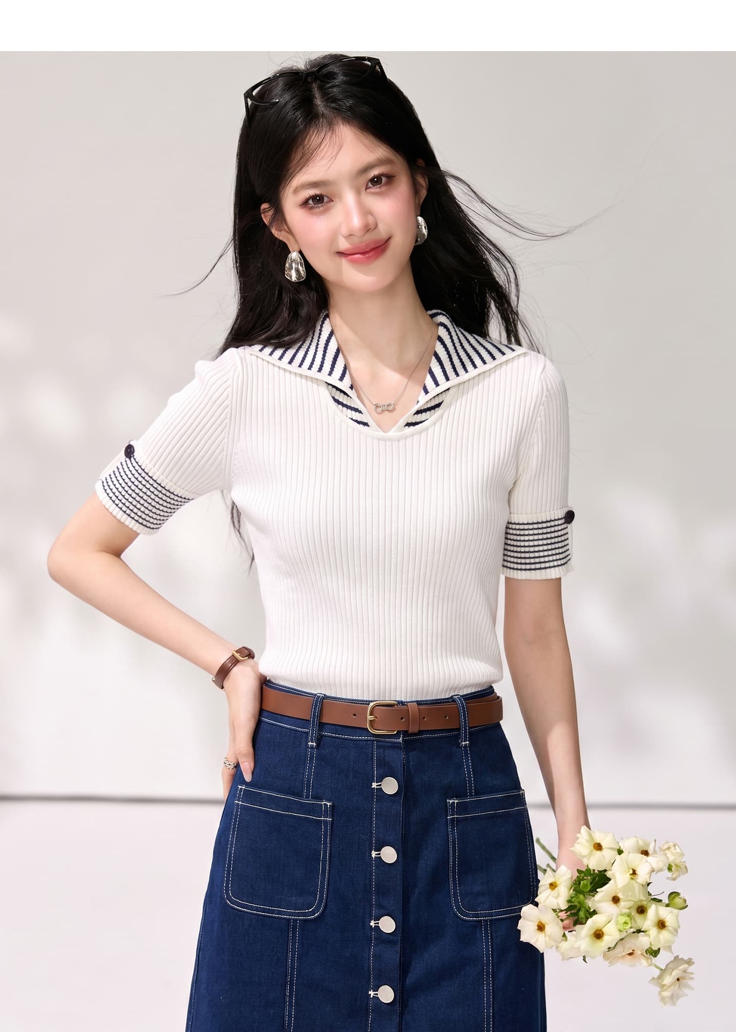 실사 프랑스식 POLO 칼라 얇은 스타일 반팔 니트 스웨터 여성 여름 디자인 센스 작은 대중 빅 칼라 스트라이프 티셔츠 맨위 상세 이미지 4