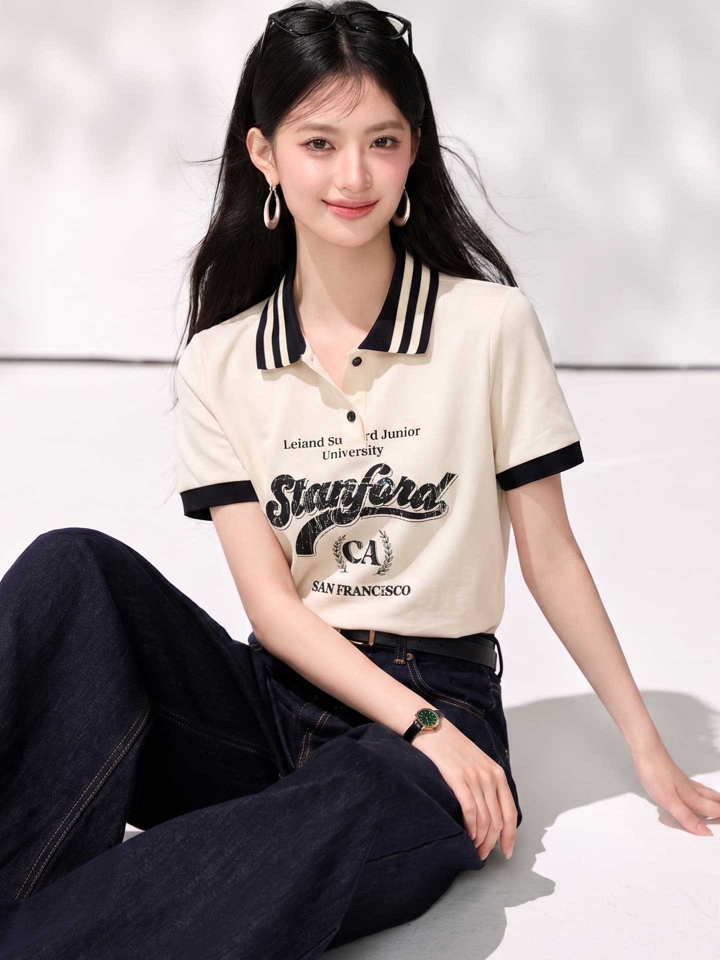 실사 2026 여름 새로운 패션 POLO 칼라 티셔츠 여성 알파벳 숫자 패턴 긍정적 인 어깨 반팔 맨위 이미지 2