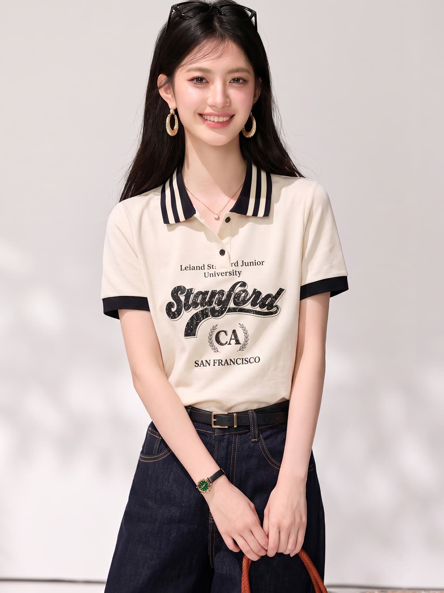 실사 2026 여름 새로운 패션 POLO 칼라 티셔츠 여성 알파벳 숫자 패턴 긍정적 인 어깨 반팔 맨위 이미지 4