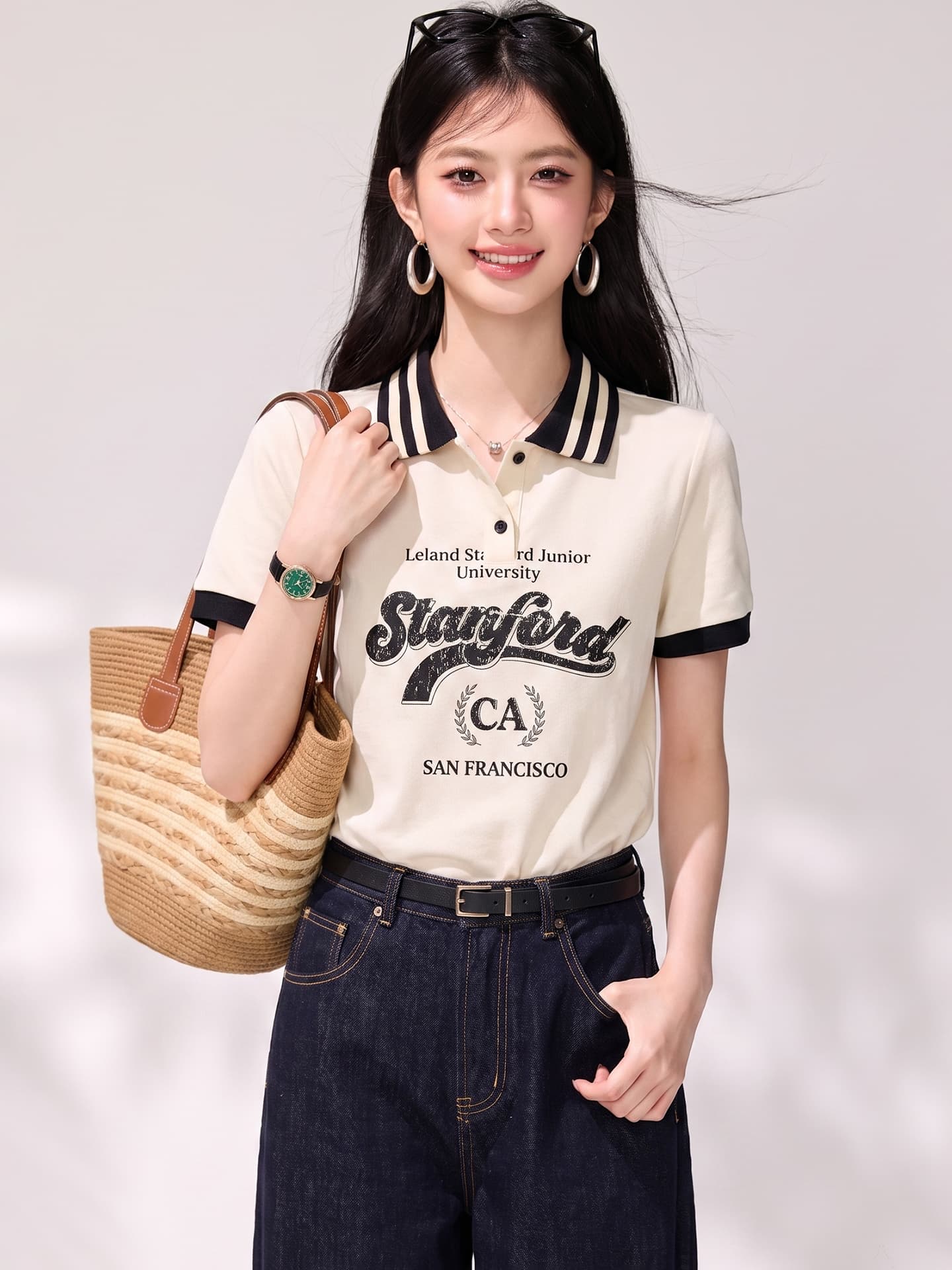 실사 2026 여름 새로운 패션 POLO 칼라 티셔츠 여성 알파벳 숫자 패턴 긍정적 인 어깨 반팔 맨위 이미지 3