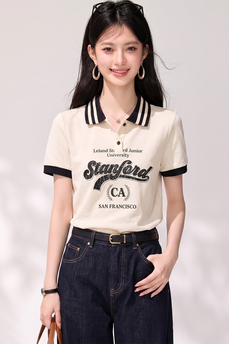 실사 2026 여름 새로운 패션 POLO 칼라 티셔츠 여성 알파벳 숫자 패턴 긍정적 인 어깨 반팔 맨위 이미지 6