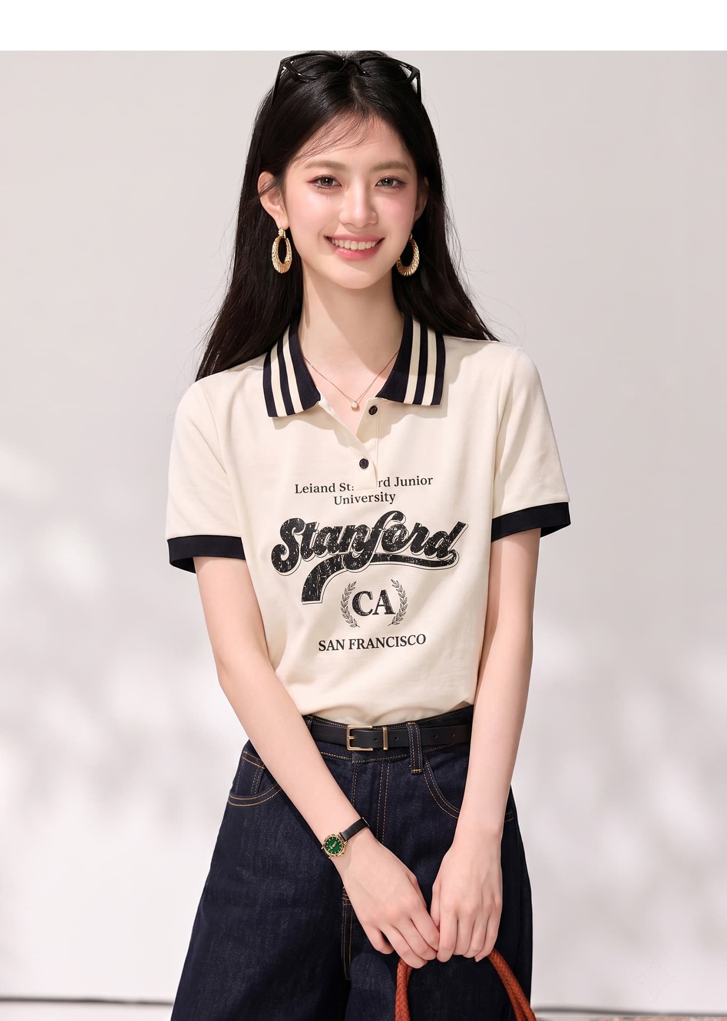 실사 2026 여름 새로운 패션 POLO 칼라 티셔츠 여성 알파벳 숫자 패턴 긍정적 인 어깨 반팔 맨위 상세 이미지 4