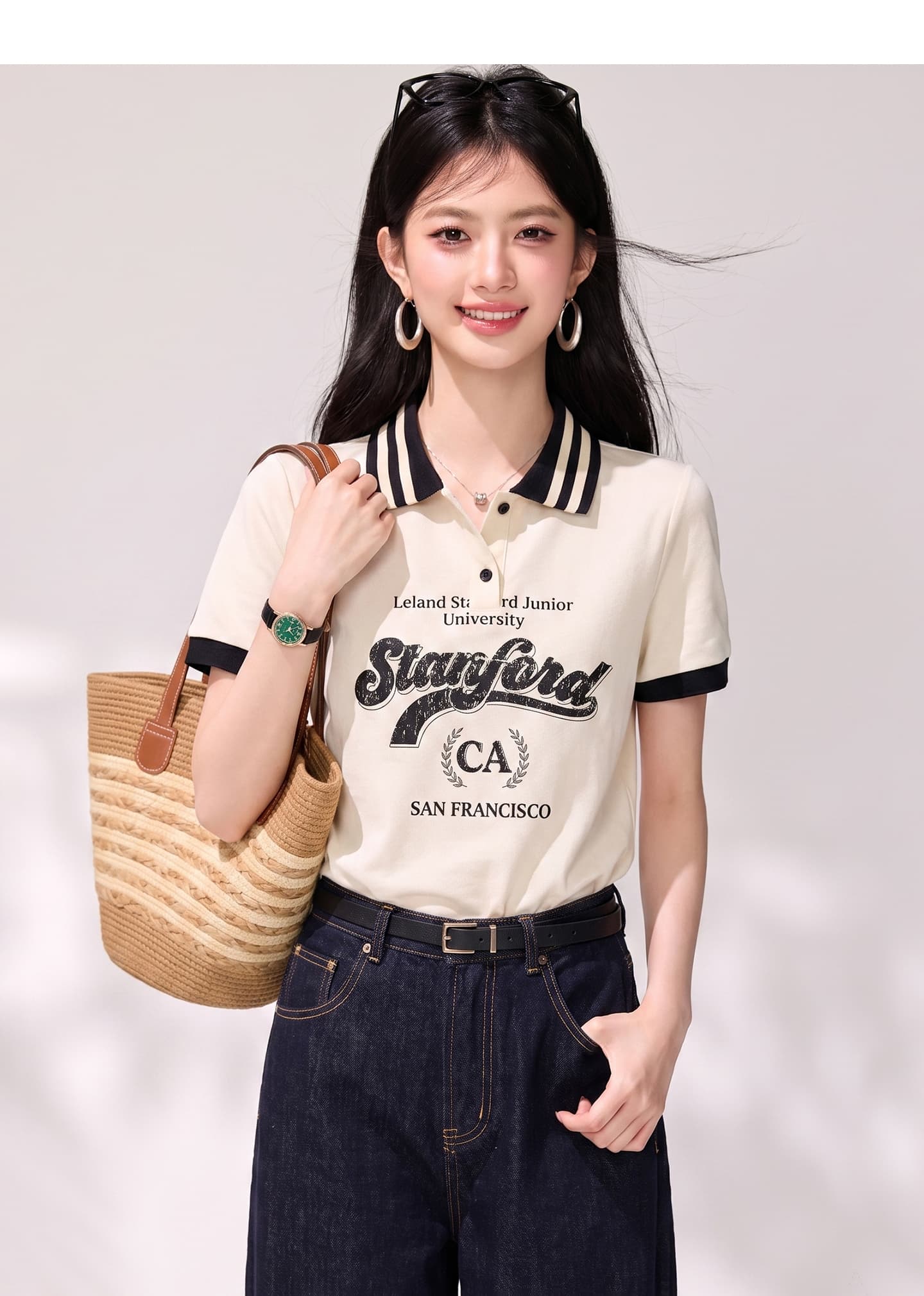실사 2026 여름 새로운 패션 POLO 칼라 티셔츠 여성 알파벳 숫자 패턴 긍정적 인 어깨 반팔 맨위 상세 이미지 5