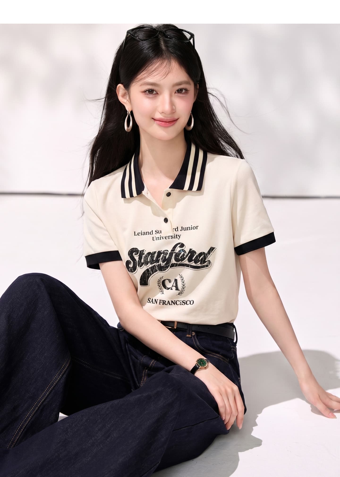 실사 2026 여름 새로운 패션 POLO 칼라 티셔츠 여성 알파벳 숫자 패턴 긍정적 인 어깨 반팔 맨위 상세 이미지 6