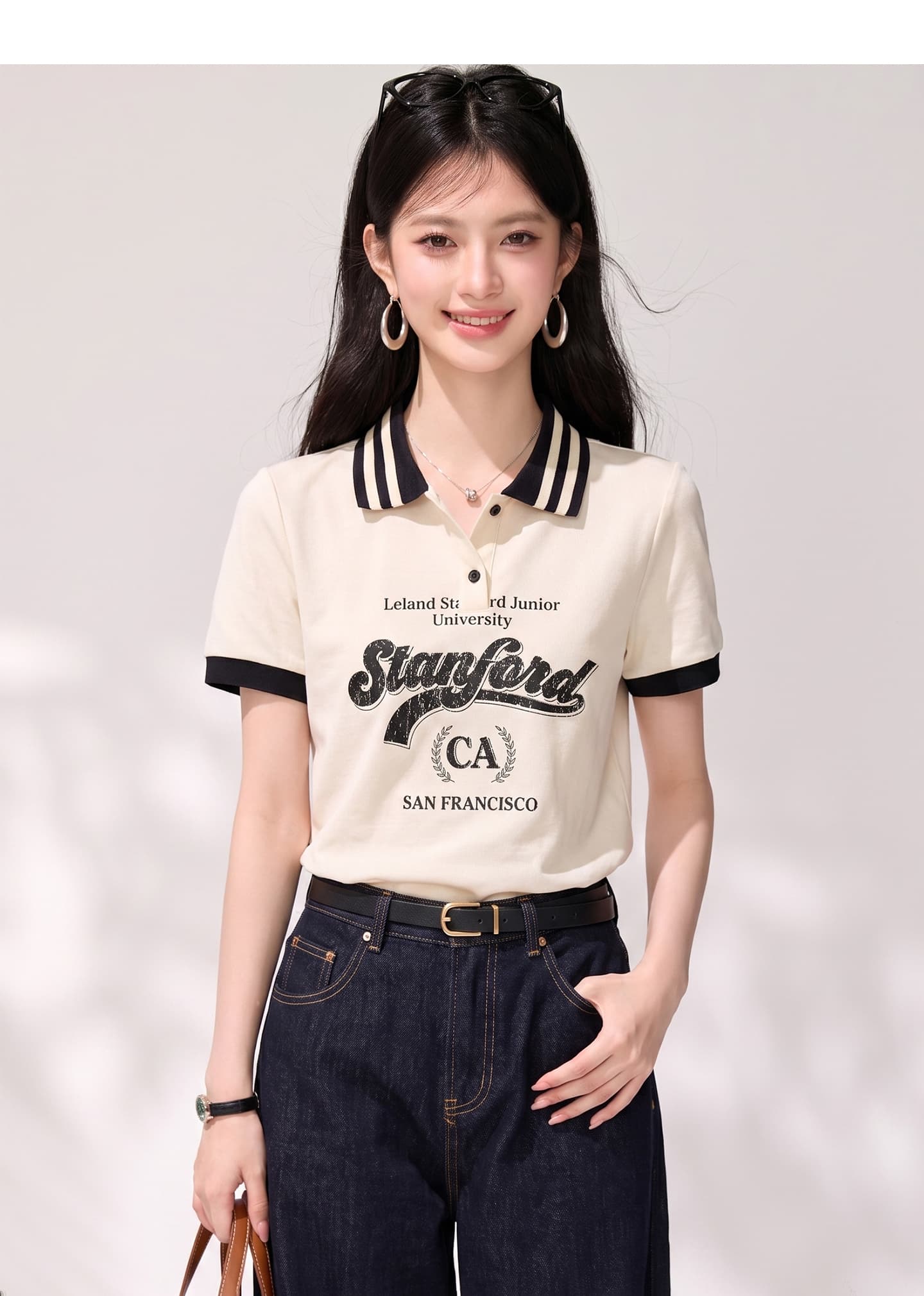 실사 2026 여름 새로운 패션 POLO 칼라 티셔츠 여성 알파벳 숫자 패턴 긍정적 인 어깨 반팔 맨위 상세 이미지 7