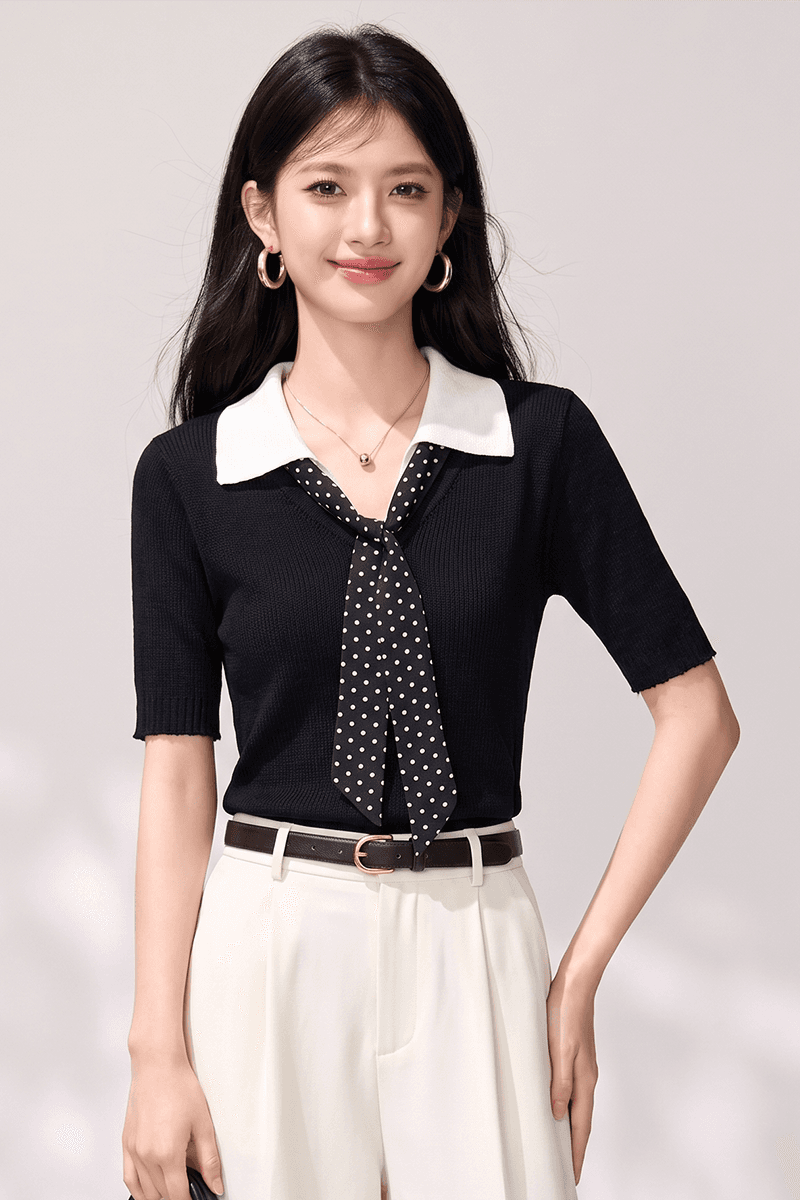 한 부서 학원 스타일 배색 POLO 칼라 페이크 레이어드 니트 스웨터 여성 봄 여름 몸매 가꾸기 5 점 소매 인사이드 가져 가라. 풀오버 맨위 이미지 5