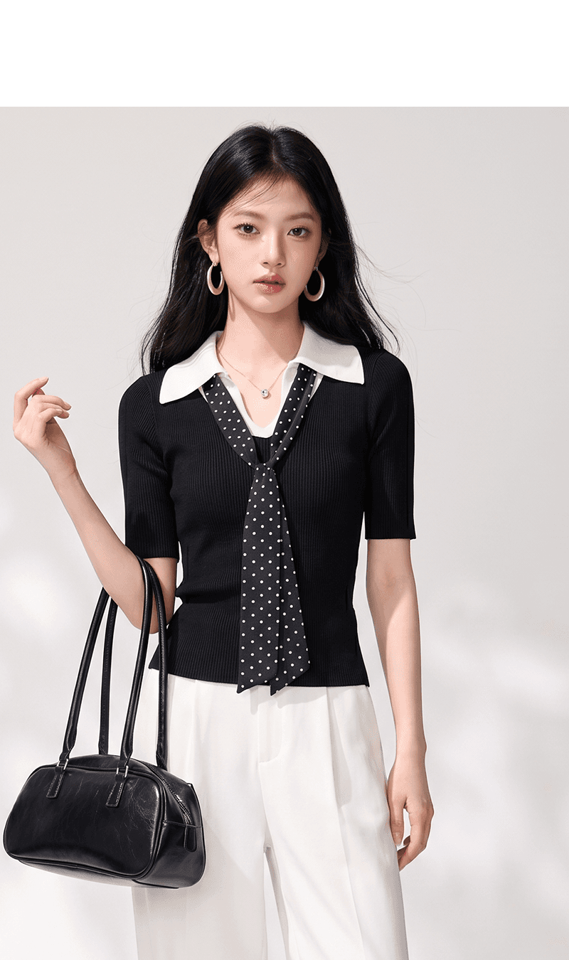 한 부서 학원 스타일 배색 POLO 칼라 페이크 레이어드 니트 스웨터 여성 봄 여름 몸매 가꾸기 5 점 소매 인사이드 가져 가라. 풀오버 맨위 상세 이미지 5