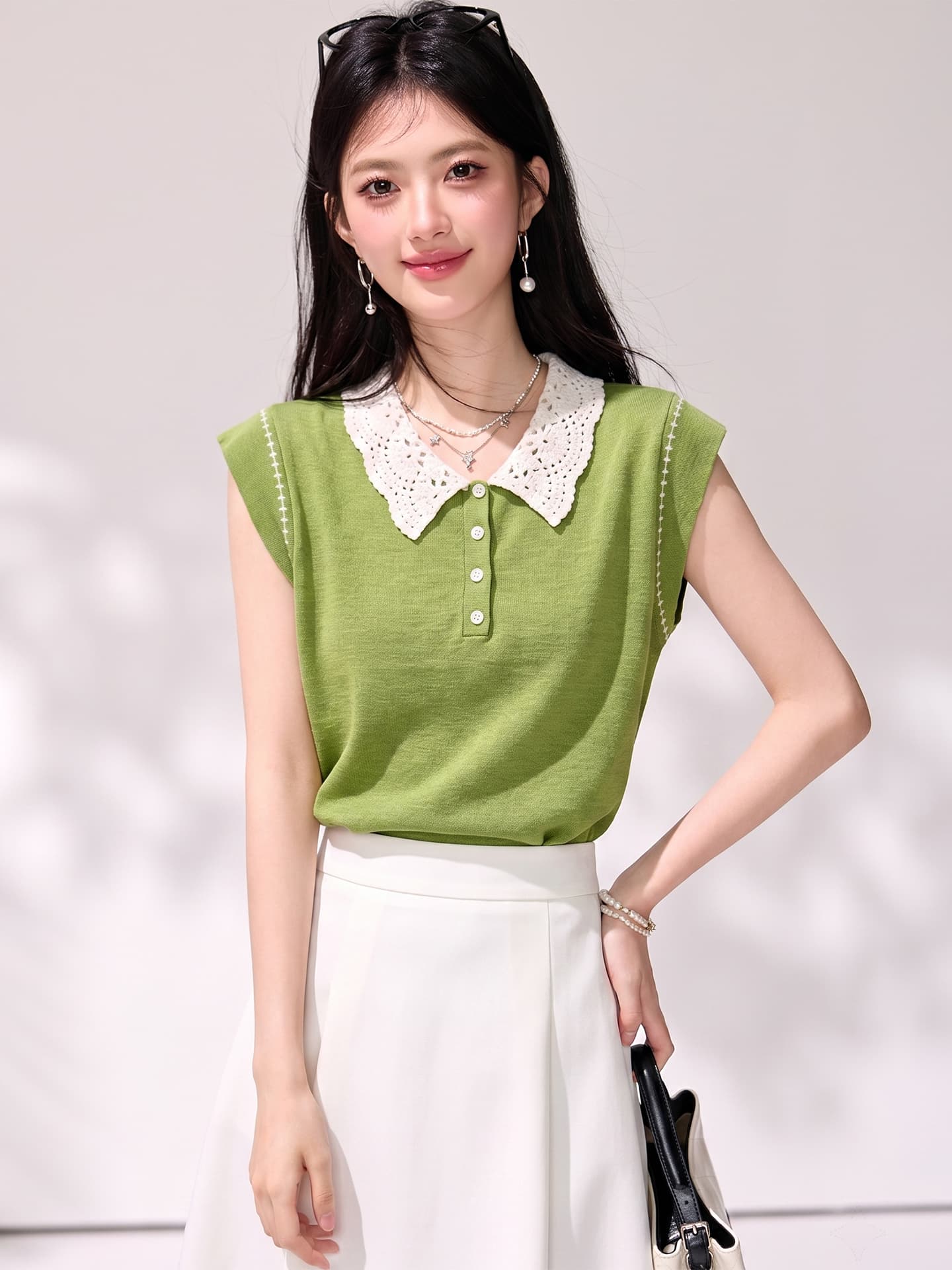 실사 한국 스타일 오래된 돈 바람 새로운 레이스 베이비 칼라 루즈핏 캐주얼 Feifei 소매 베스트 니트 티셔츠 여성 셔츠 이미지 4