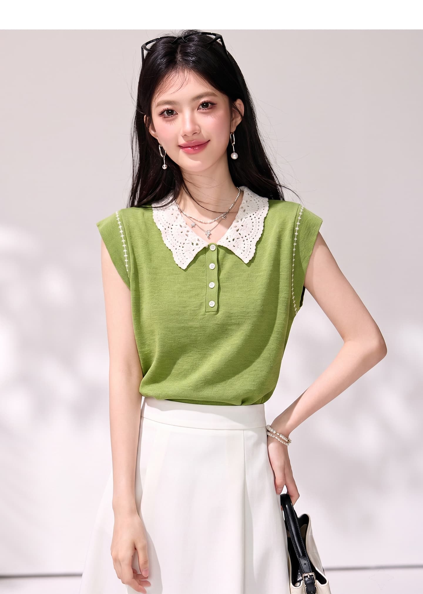 실사 한국 스타일 오래된 돈 바람 새로운 레이스 베이비 칼라 루즈핏 캐주얼 Feifei 소매 베스트 니트 티셔츠 여성 셔츠 상세 이미지 2