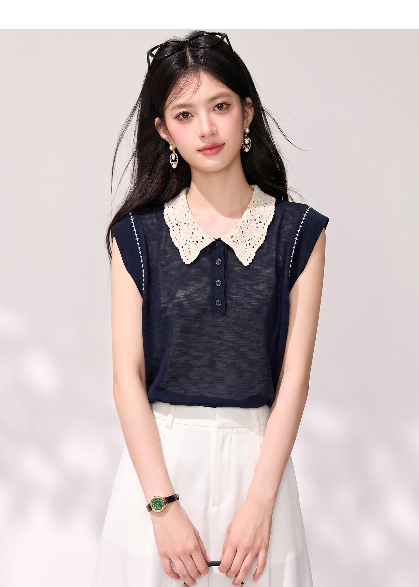 실사 한국 스타일 오래된 돈 바람 새로운 레이스 베이비 칼라 루즈핏 캐주얼 Feifei 소매 베스트 니트 티셔츠 여성 셔츠 상세 이미지 5