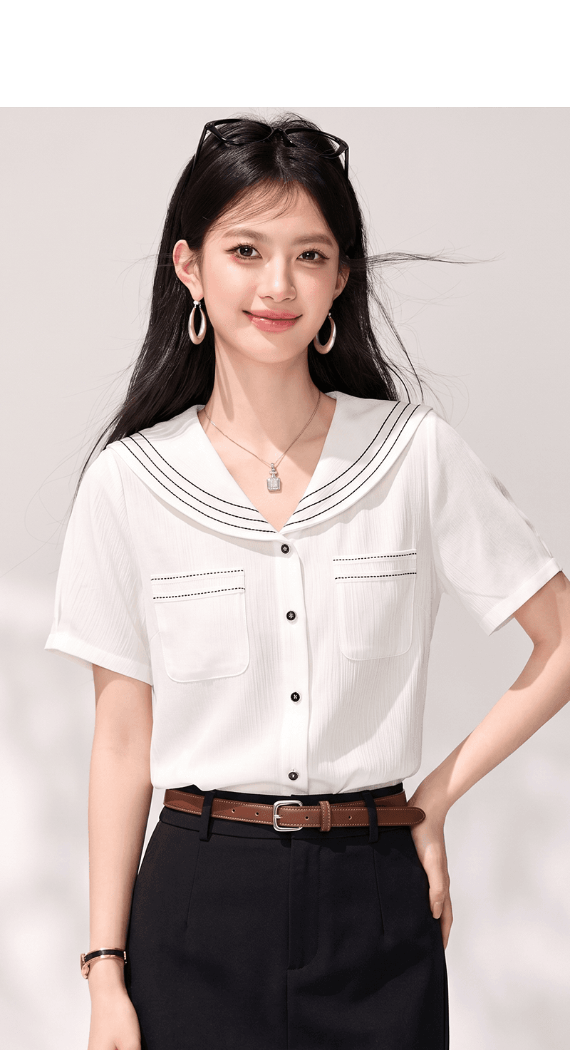 실사 프랑스식 출퇴근 해군 칼라 반팔 여성 셔츠 여름 2026 새로운 루즈핏 캐주얼 화이트 쉬폰 톱 상세 이미지 2