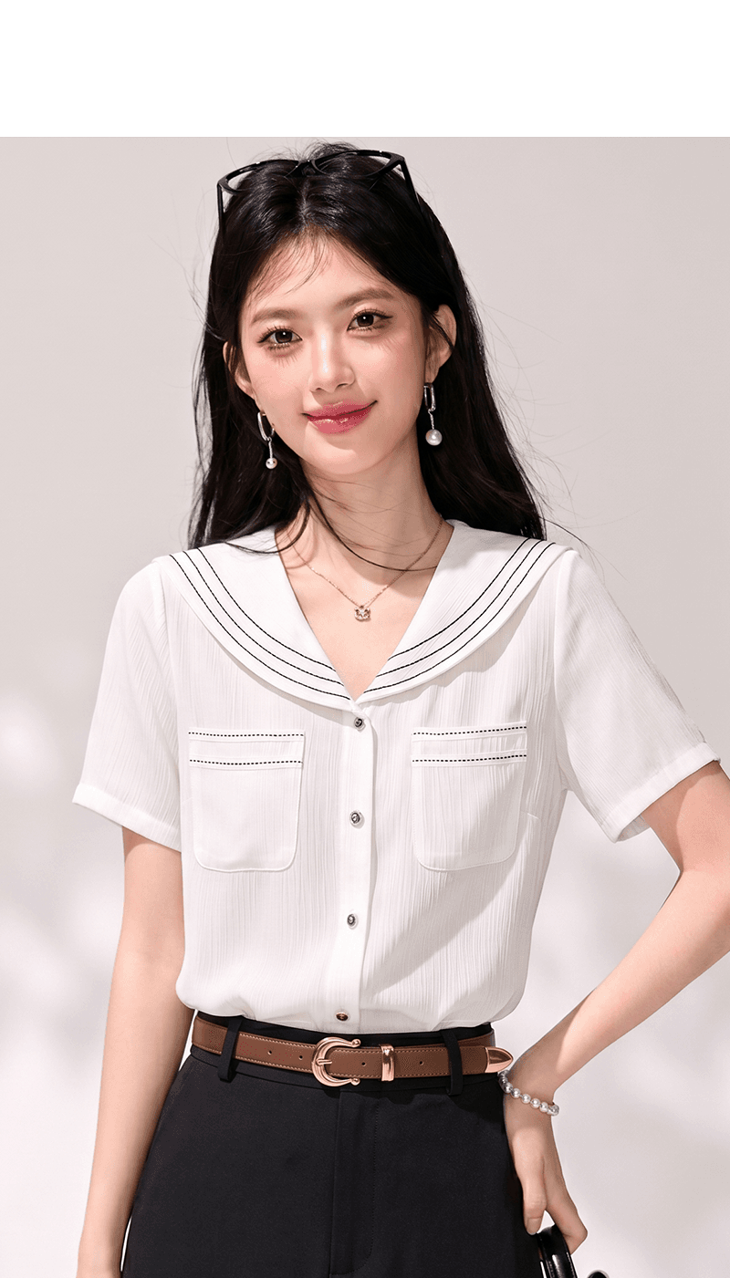 실사 프랑스식 출퇴근 해군 칼라 반팔 여성 셔츠 여름 2026 새로운 루즈핏 캐주얼 화이트 쉬폰 톱 상세 이미지 5