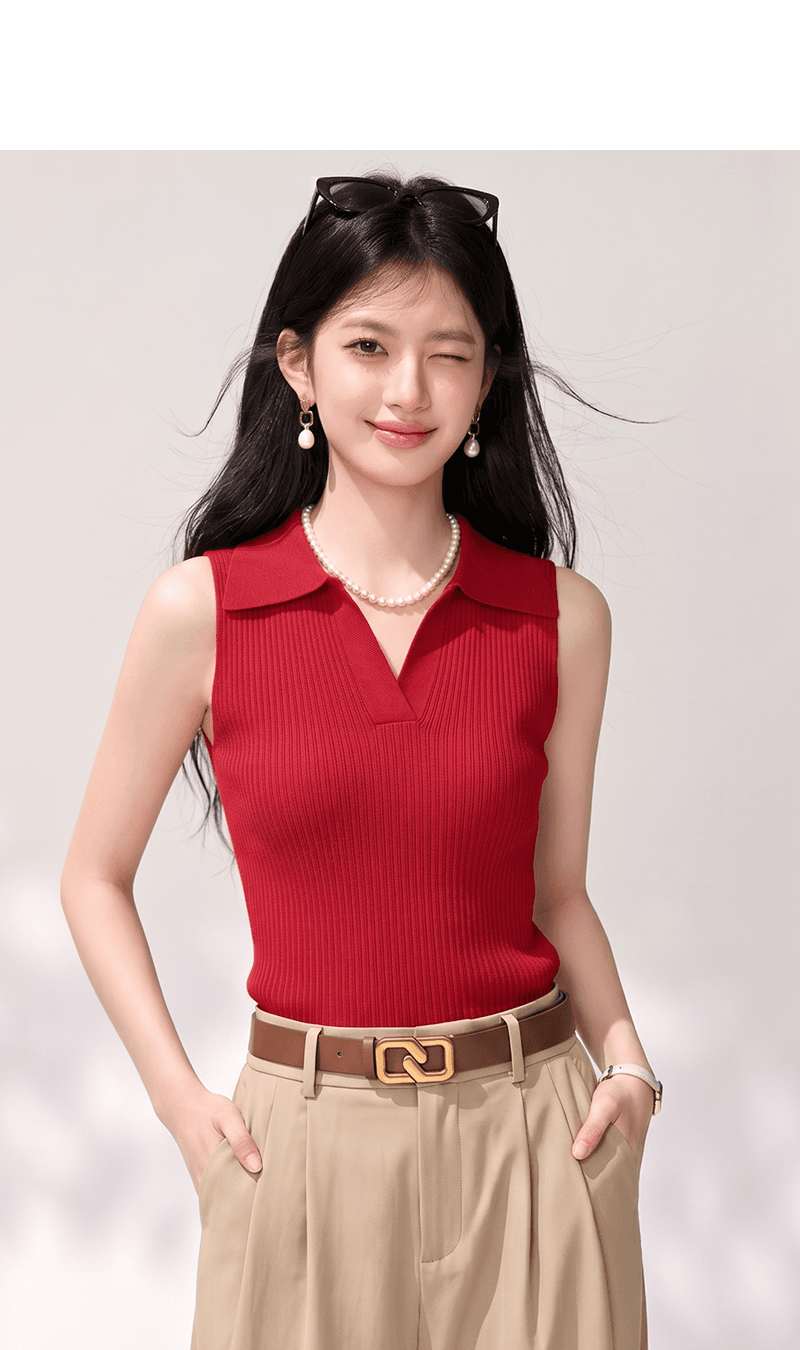 실사 고유 한 빛 럭셔리 빨간색 폴로 칼라 작은 조끼 여성 외출용 디자인 센스 작은 대중 달콤한 핫걸 아름다운 민소매 맨위 상세 이미지 3