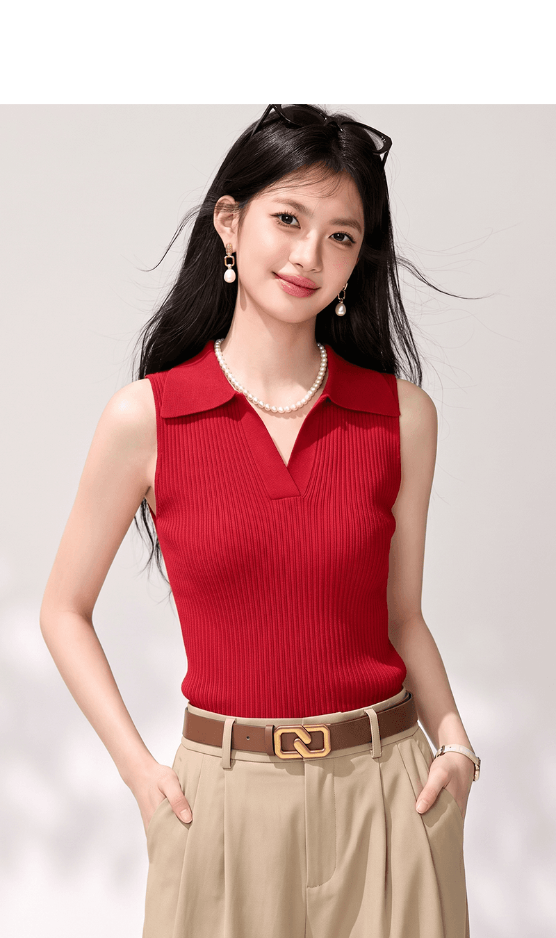 실사 고유 한 빛 럭셔리 빨간색 폴로 칼라 작은 조끼 여성 외출용 디자인 센스 작은 대중 달콤한 핫걸 아름다운 민소매 맨위 상세 이미지 6