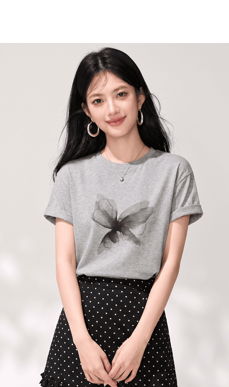실사 2026 여름 새로운 캐주얼 프린트 티셔츠 라운드 넥 루즈핏 가을 어깨 소매 맨위 풀오버 미니멀리즘 상세 이미지 3