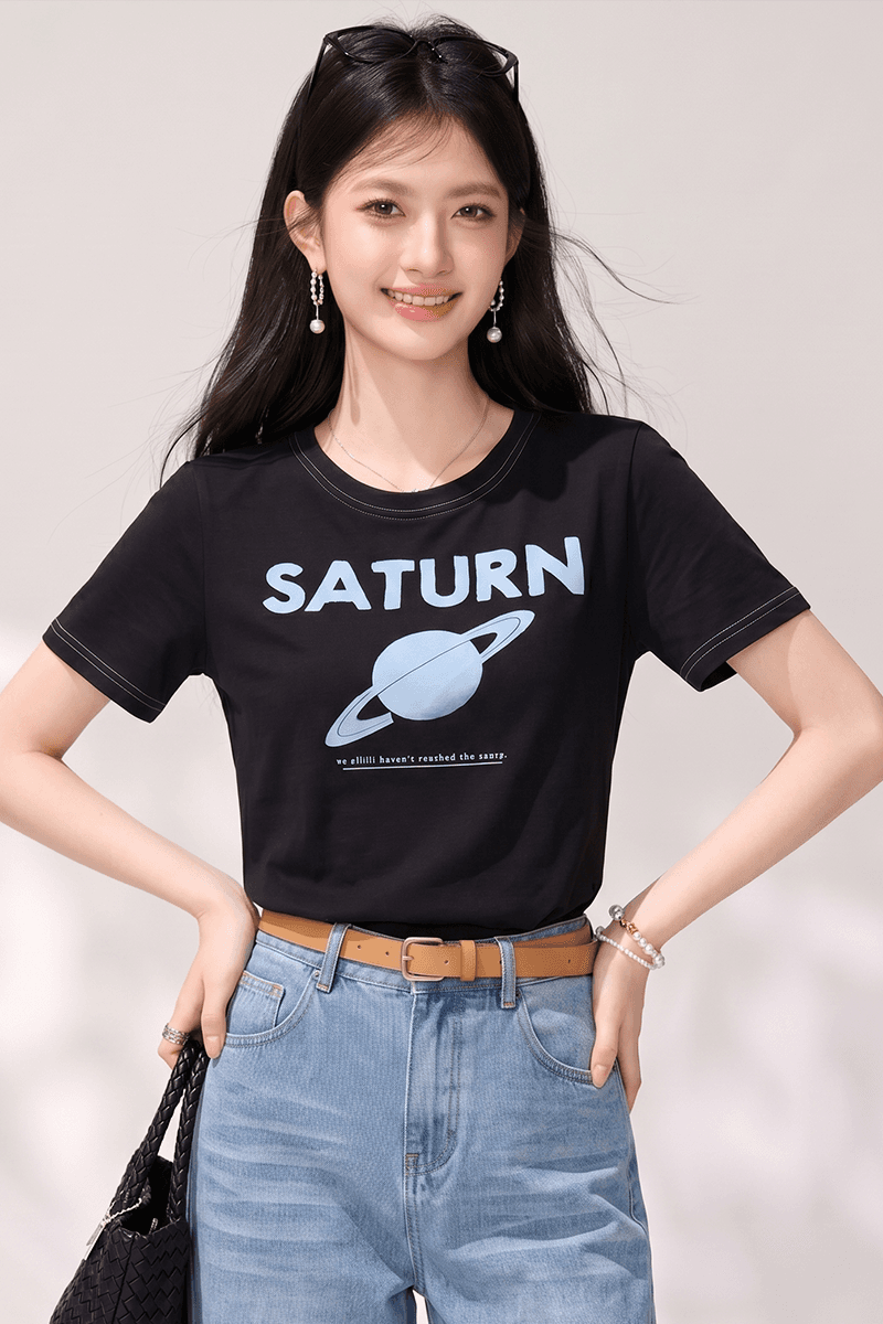 실사 라운드 넥 알파벳 행성 반팔 티셔츠 여성 레저 루즈핏 다용도 슬림해 보이는 동정 맨위 여름 새로운 상세 이미지 2