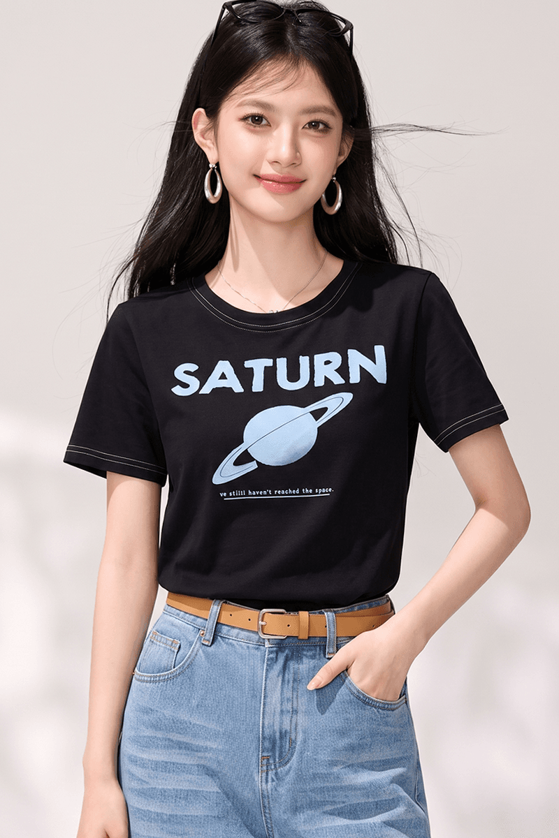 실사 라운드 넥 알파벳 행성 반팔 티셔츠 여성 레저 루즈핏 다용도 슬림해 보이는 동정 맨위 여름 새로운 상세 이미지 4