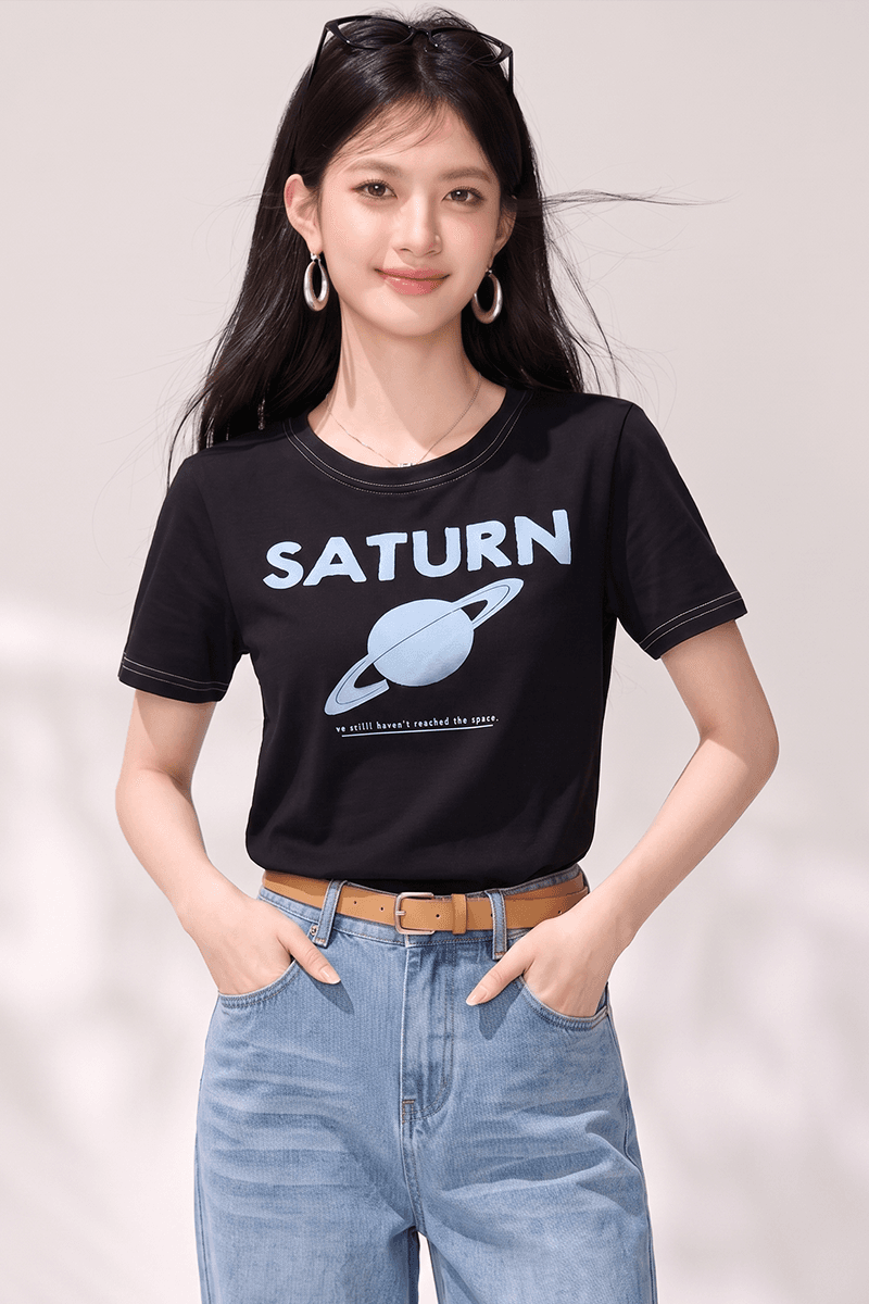 실사 라운드 넥 알파벳 행성 반팔 티셔츠 여성 레저 루즈핏 다용도 슬림해 보이는 동정 맨위 여름 새로운 상세 이미지 6