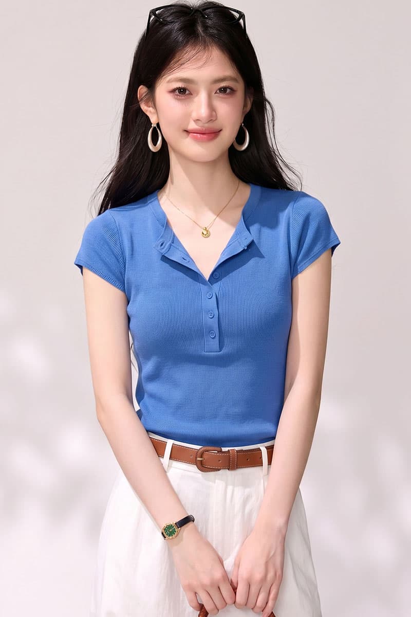 실사 프랑스식 칼라 반팔 티셔츠 여성 여름 새로운 파란색 단추 디자인 센스 작은 대중 고급 센스 몸매 가꾸기 맨위 이미지 2