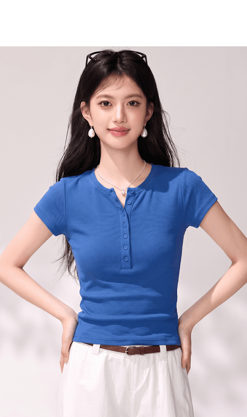 실사 프랑스식 칼라 반팔 티셔츠 여성 여름 새로운 파란색 단추 디자인 센스 작은 대중 고급 센스 몸매 가꾸기 맨위 상세 이미지 4