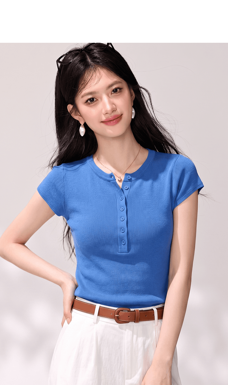 실사 프랑스식 칼라 반팔 티셔츠 여성 여름 새로운 파란색 단추 디자인 센스 작은 대중 고급 센스 몸매 가꾸기 맨위 상세 이미지 5