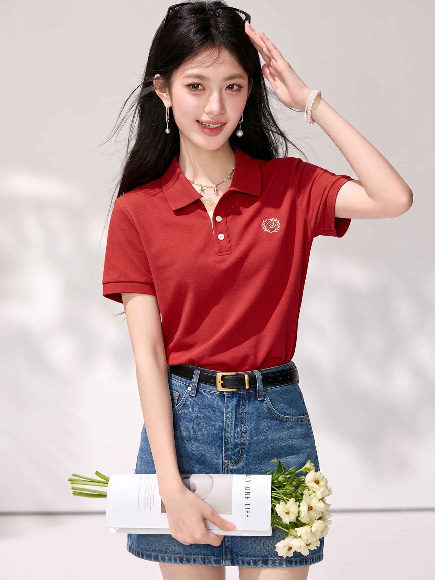 실사 반팔 POLO 칼라 여성 셔츠 여름 새로운 한국 스타일 루즈핏 맨위 다용도 슬림해 보이는 캐주얼 셔츠 이미지 3