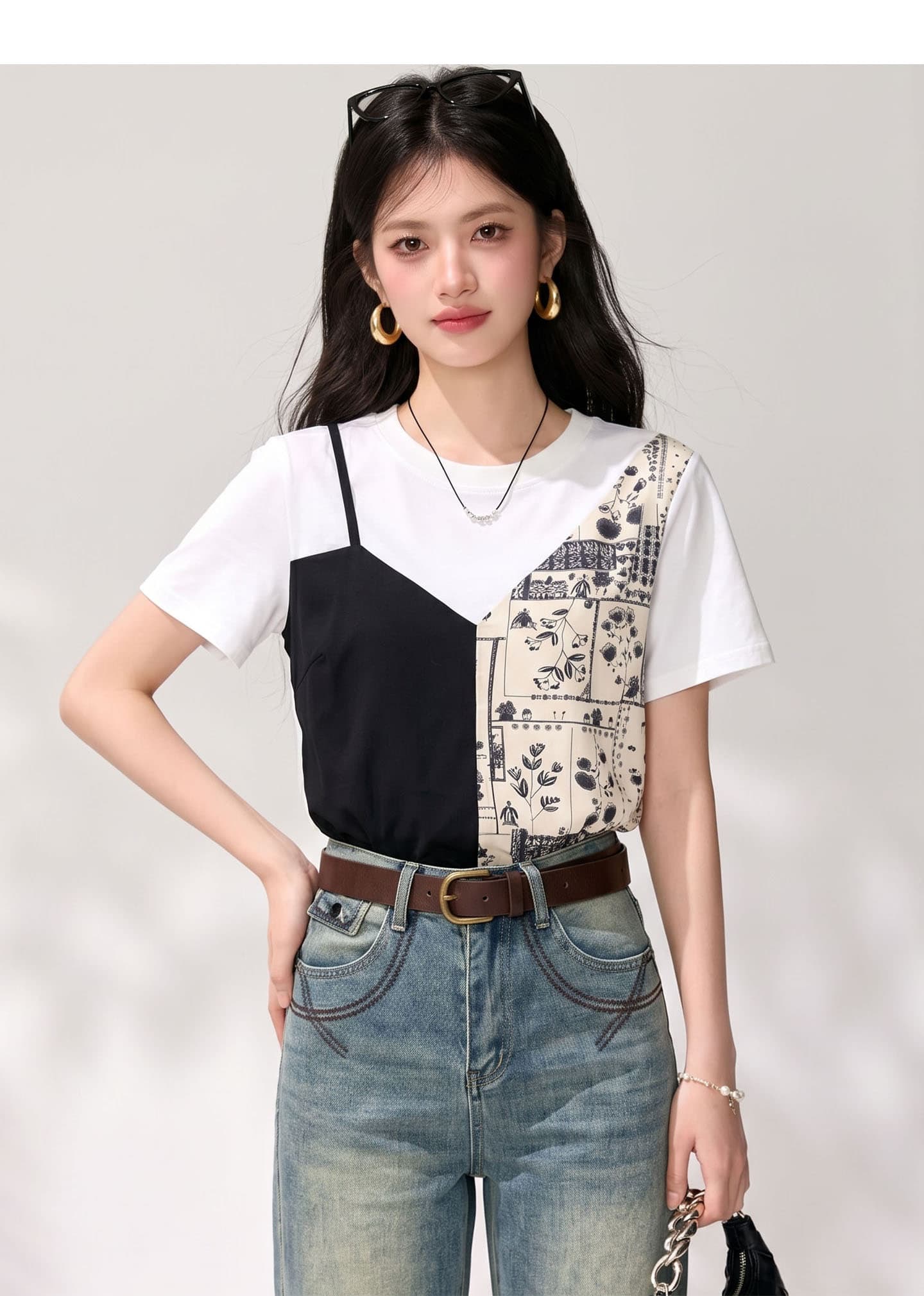 실사 디자인 센스 페이크 레이어드 패치워크 반팔 티셔츠 여성 여름 새로운 패션 풀오버 캐주얼 맨위 상세 이미지 5