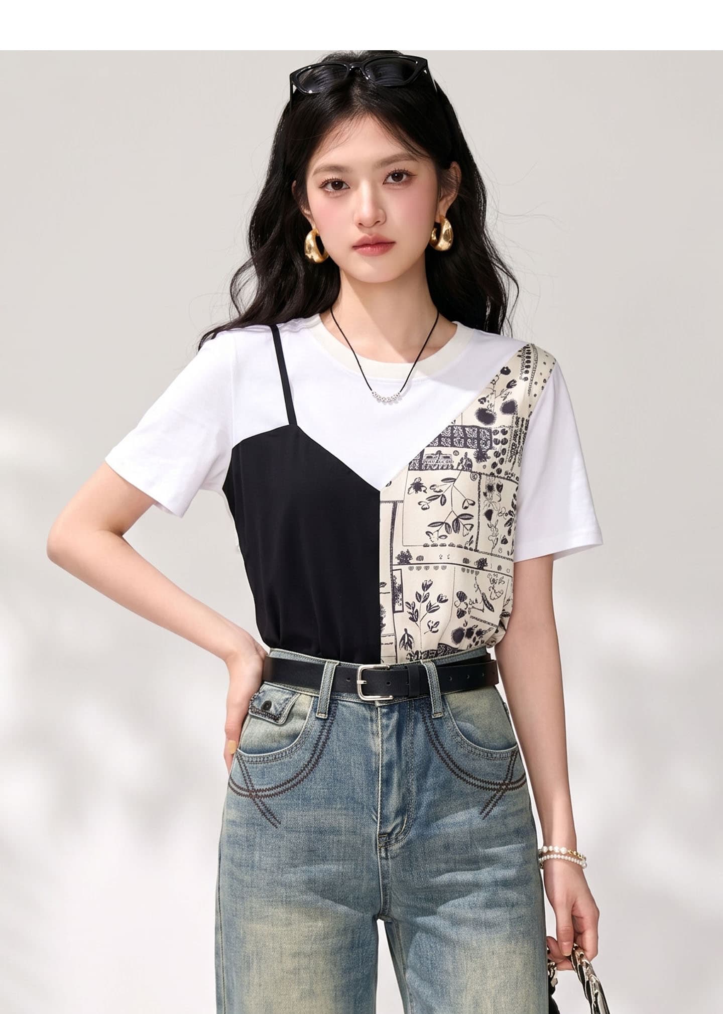 실사 디자인 센스 페이크 레이어드 패치워크 반팔 티셔츠 여성 여름 새로운 패션 풀오버 캐주얼 맨위 상세 이미지 6