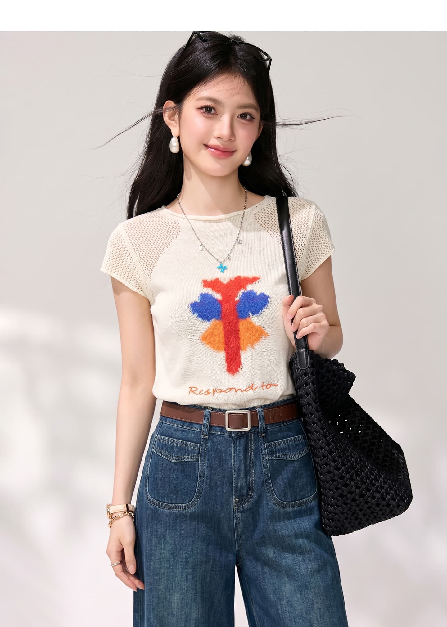 실사 디자인 센스 배색 자카드 홀로우 아웃 작은 날다 소매 짠 셔츠 여성 여름 얇은 몸매 가꾸기 쇼트 스타일 맨위 상세 이미지 6