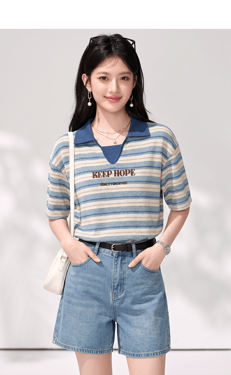 실사 2026 여름 새로운 스트라이프 POLO 셔츠 반팔 긍정적 인 어깨 티셔츠 여성 디자인 센스 잘 생긴 루즈핏 맨위 상세 이미지 3