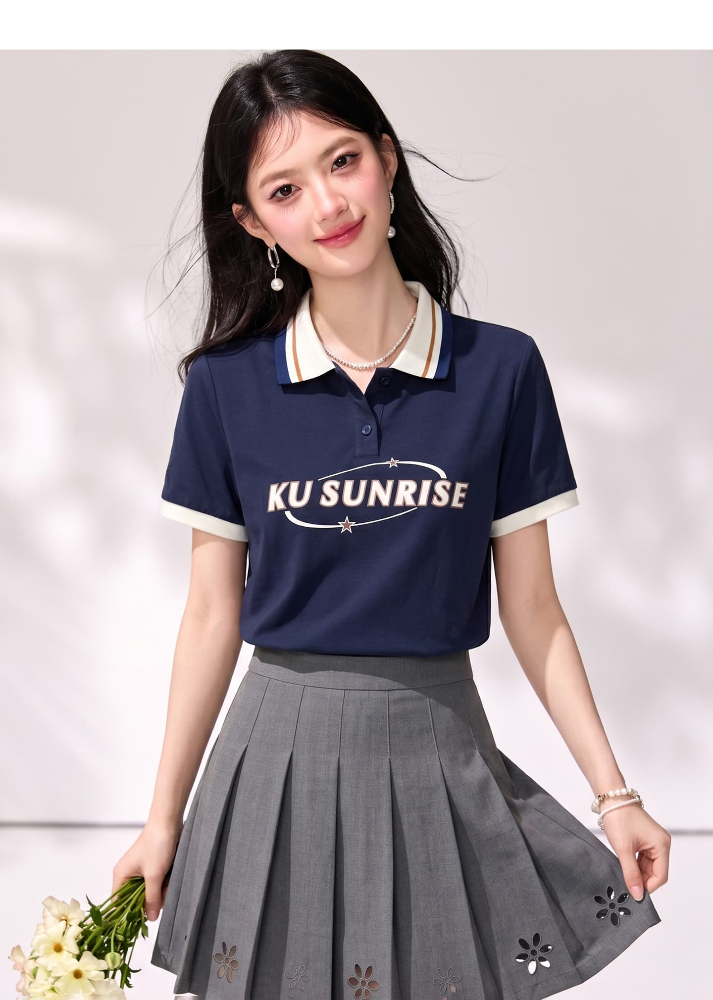 실사 학원 스타일 연령 감소 POLO 칼라 반팔 티셔츠 여성 2026 여름 작은 대중 폴로 칼라 배색 디자인 센스 맨위 상세 이미지 5