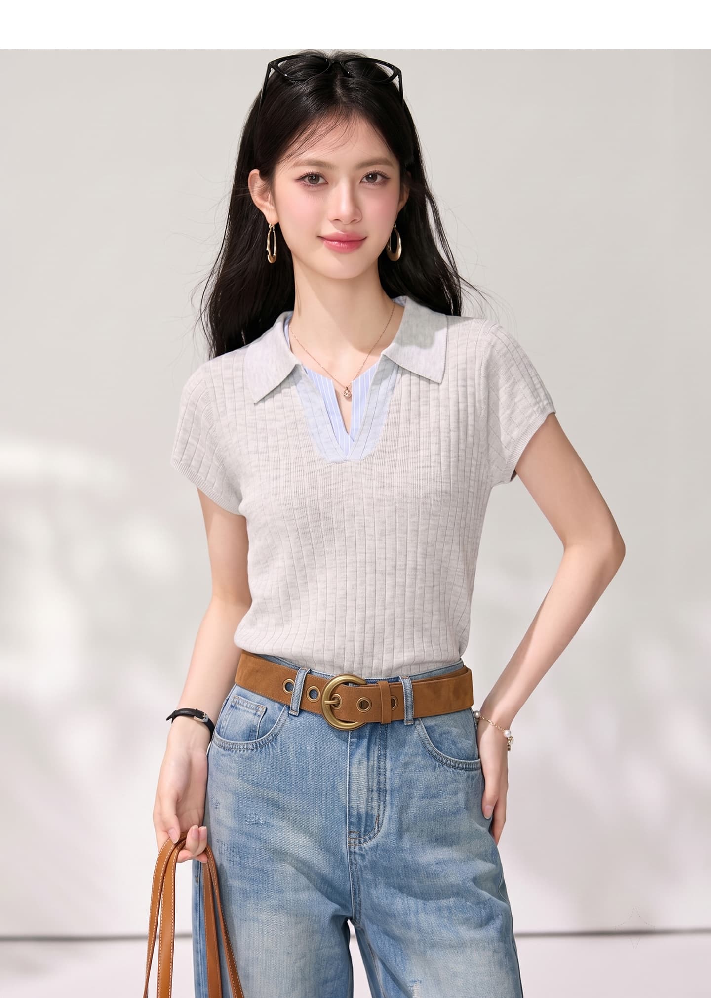 실사 보존 섹션 추천 스트라이프 패치워크 POLO 칼라 반팔 니트 티셔츠 여성 여름 새로운 다용도 맨위 상세 이미지 4