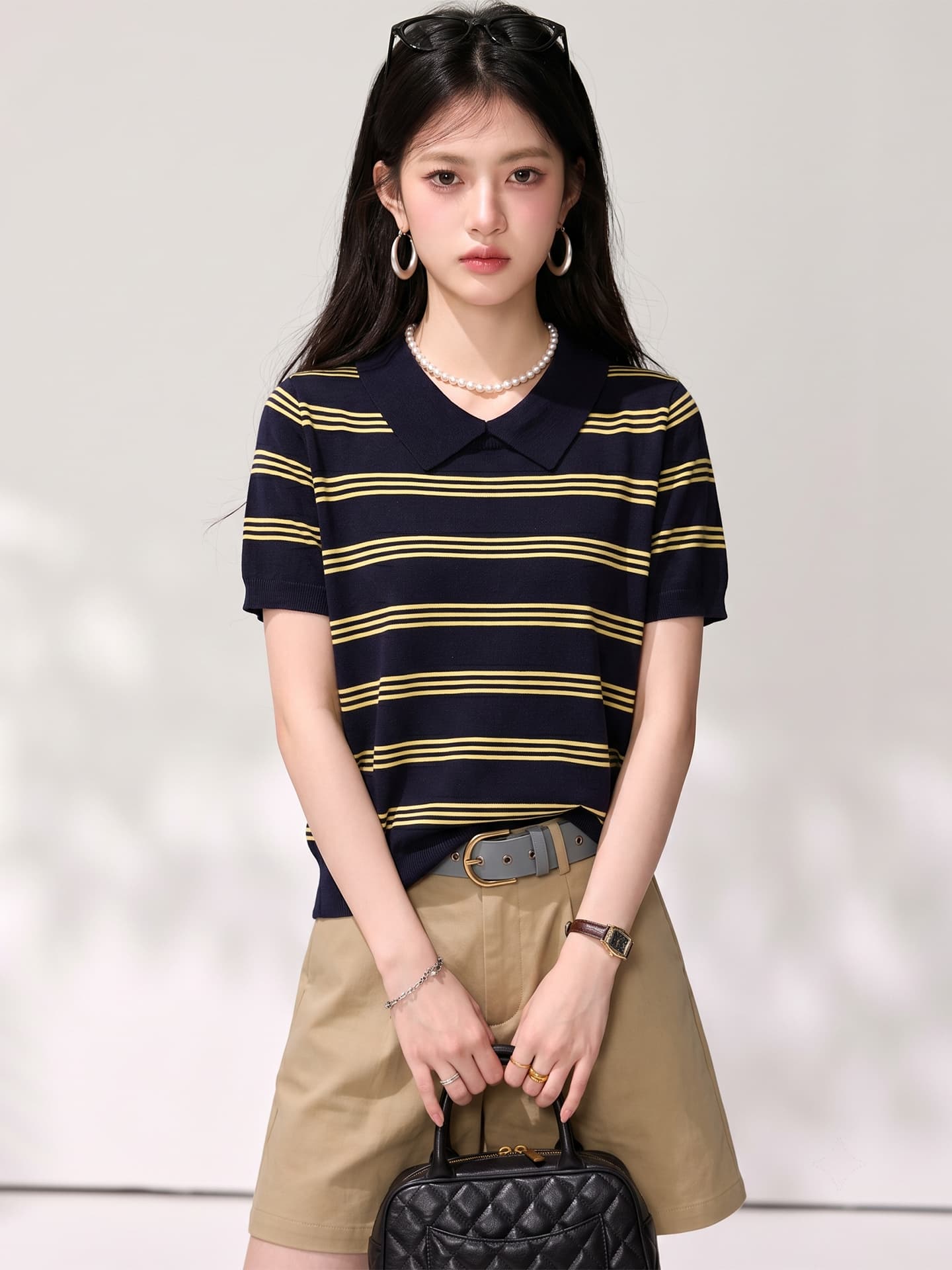 실사 한 부서 출퇴근 POLO 셔츠 여성 여름 폴로 칼라 스트라이프 니트 스웨터 고급 품격 반팔 맨위 이미지 3