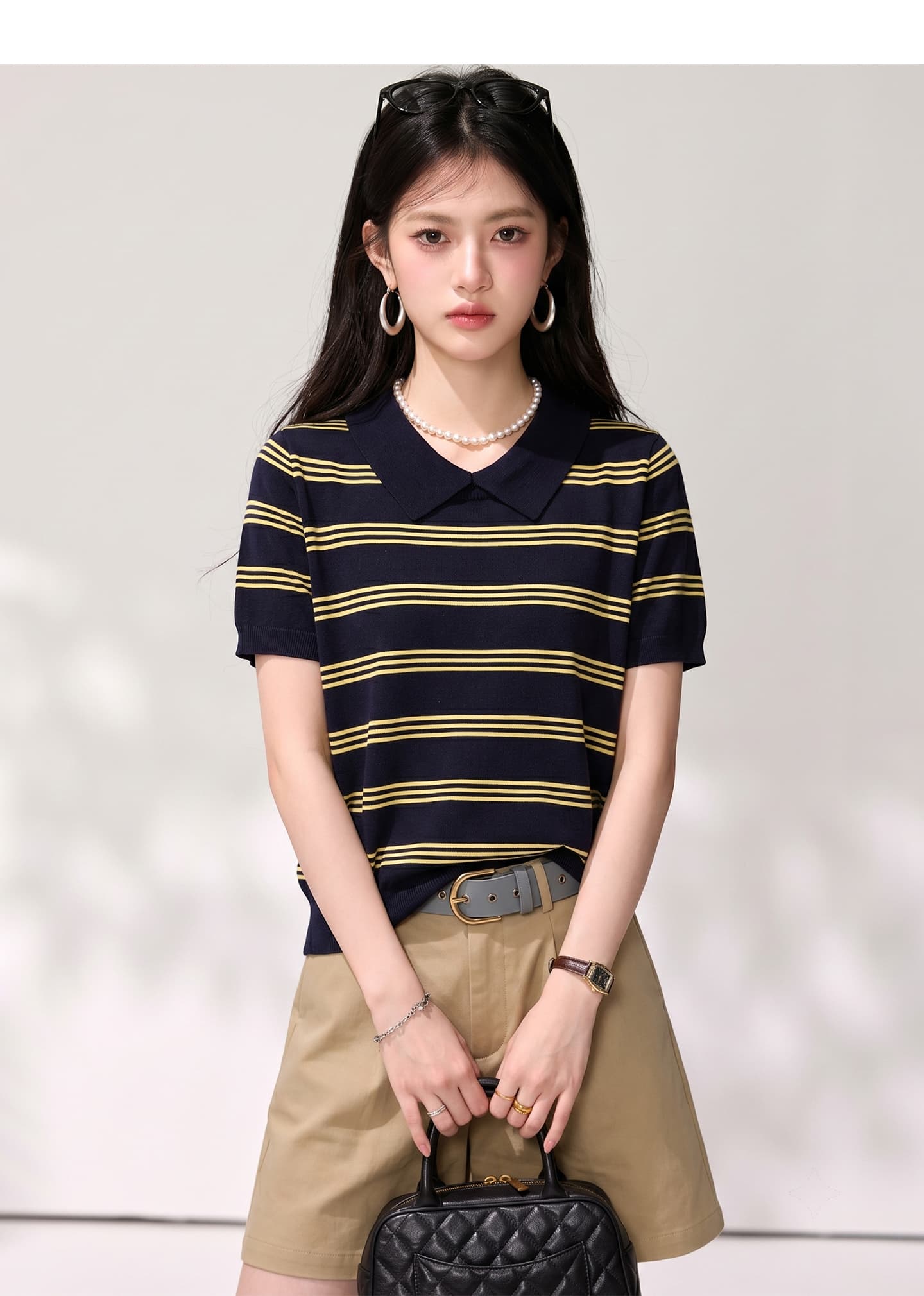 실사 한 부서 출퇴근 POLO 셔츠 여성 여름 폴로 칼라 스트라이프 니트 스웨터 고급 품격 반팔 맨위 상세 이미지 4