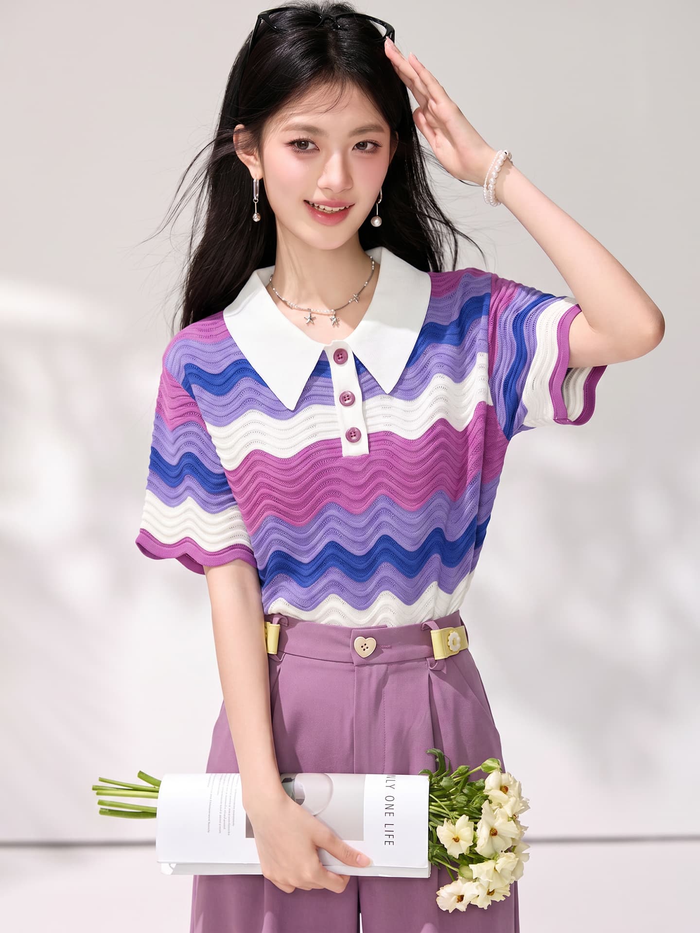 실사 프랑스식 느긋한 POLO 칼라 스트라이프 니트 스웨터 여성 아메리칸 레트로 고급 센스 달콤한 차가운 인기 트렌드 맨위 이미지 5