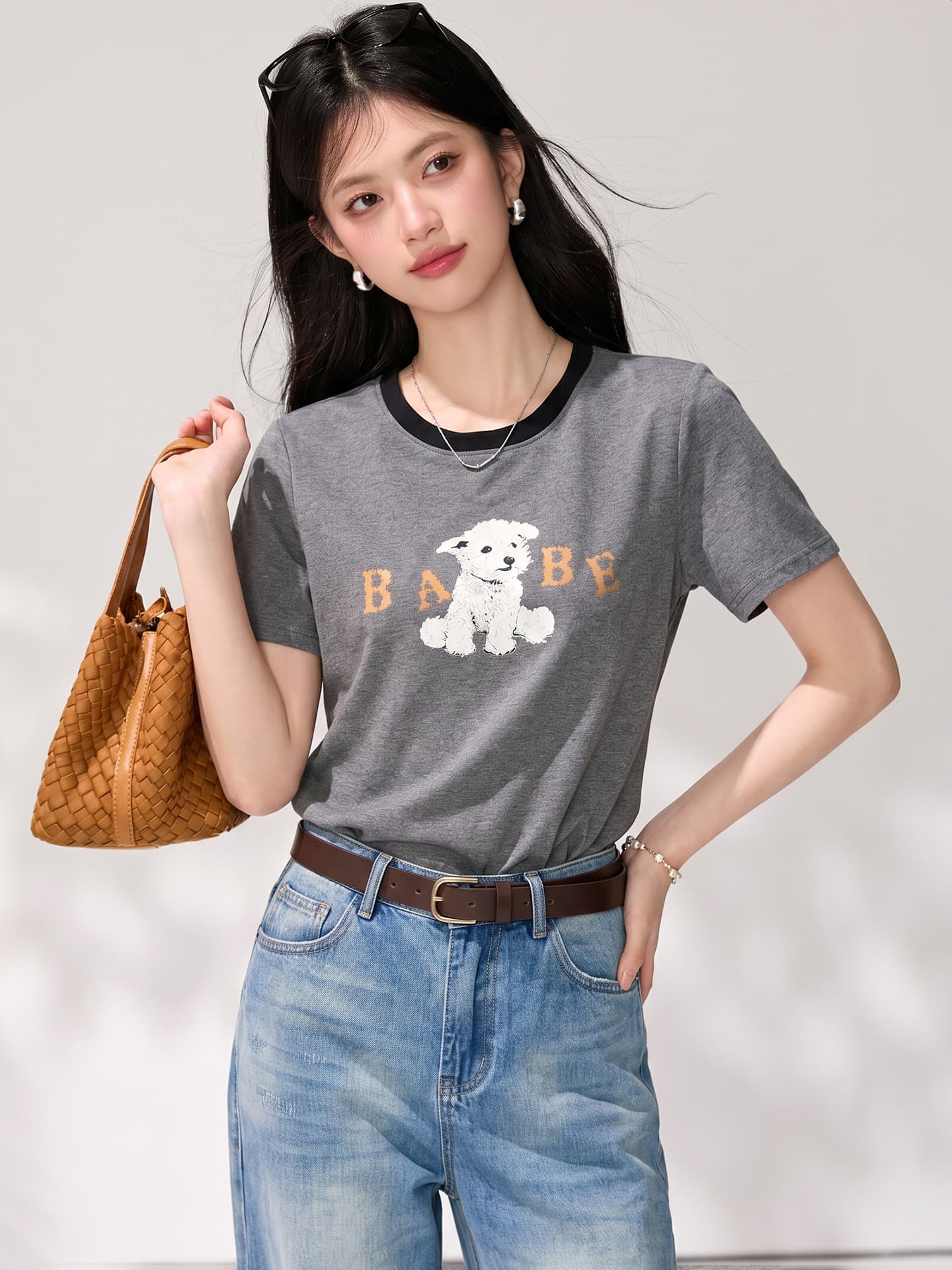 실사 2026 여름 새로운 아메리칸 레트로 명중 측면 라운드 넥 티셔츠 만화 강아지 프린트 루즈핏 캐주얼 맨위 이미지 2