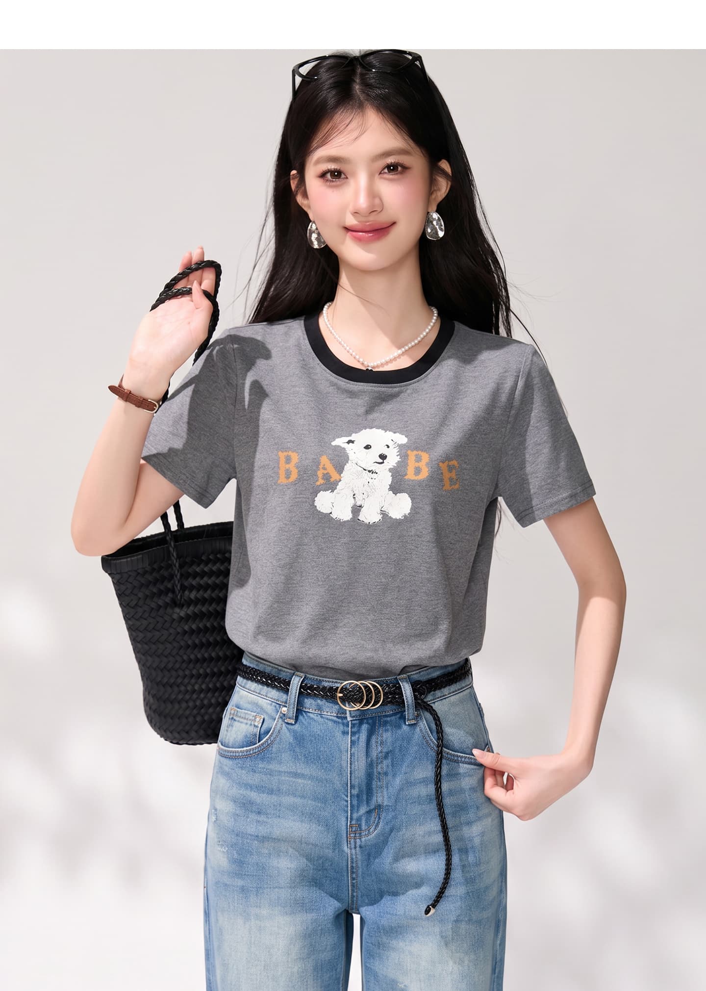 실사 2026 여름 새로운 아메리칸 레트로 명중 측면 라운드 넥 티셔츠 만화 강아지 프린트 루즈핏 캐주얼 맨위 상세 이미지 7