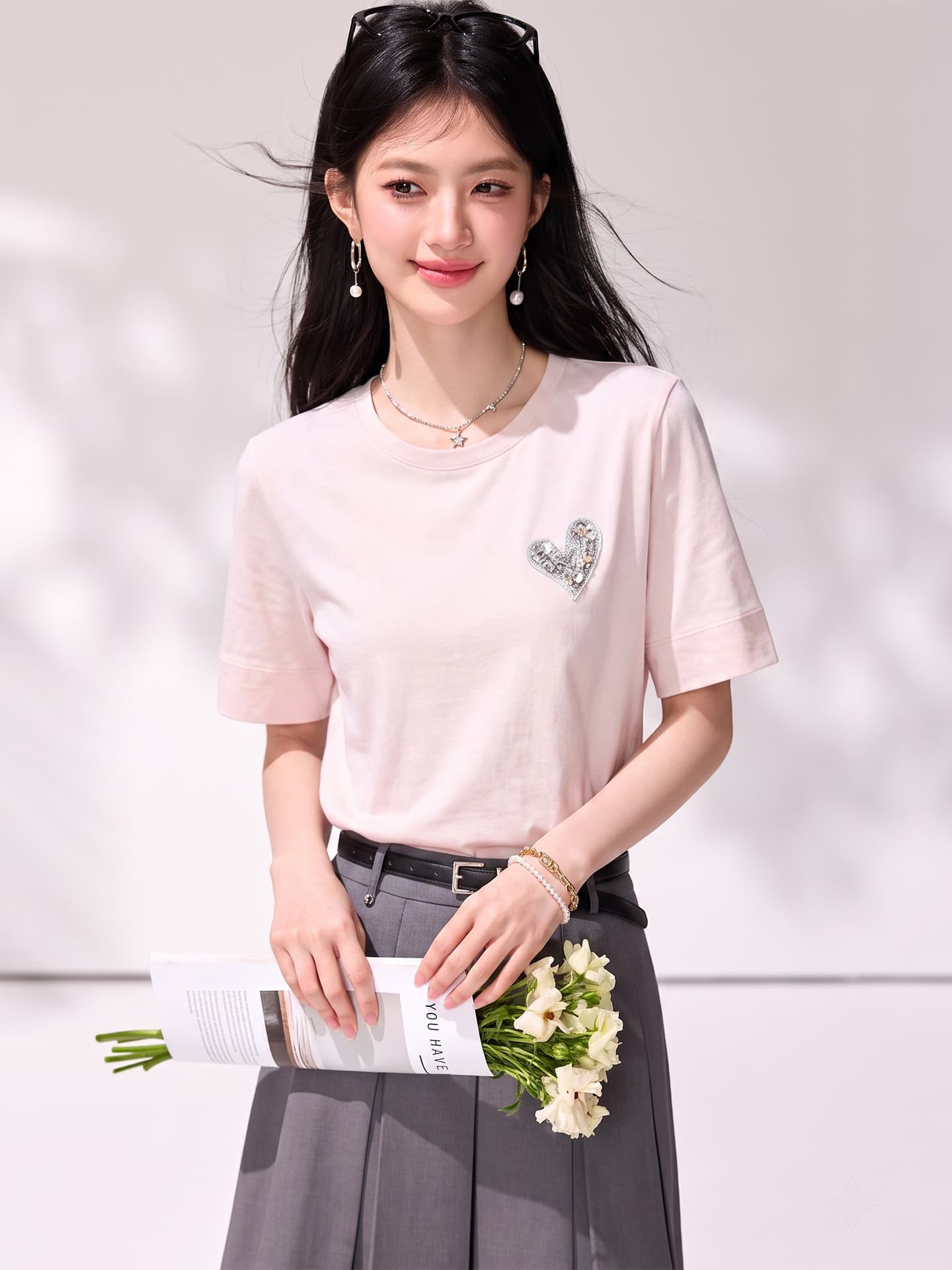 프랑스식 패션 품격 연령 감소 다이아몬드 세팅 하트 패턴 반팔 작은 대중 Chic 고유 한 맨위 부드러운 찹쌀 출퇴근 티셔츠 이미지 4