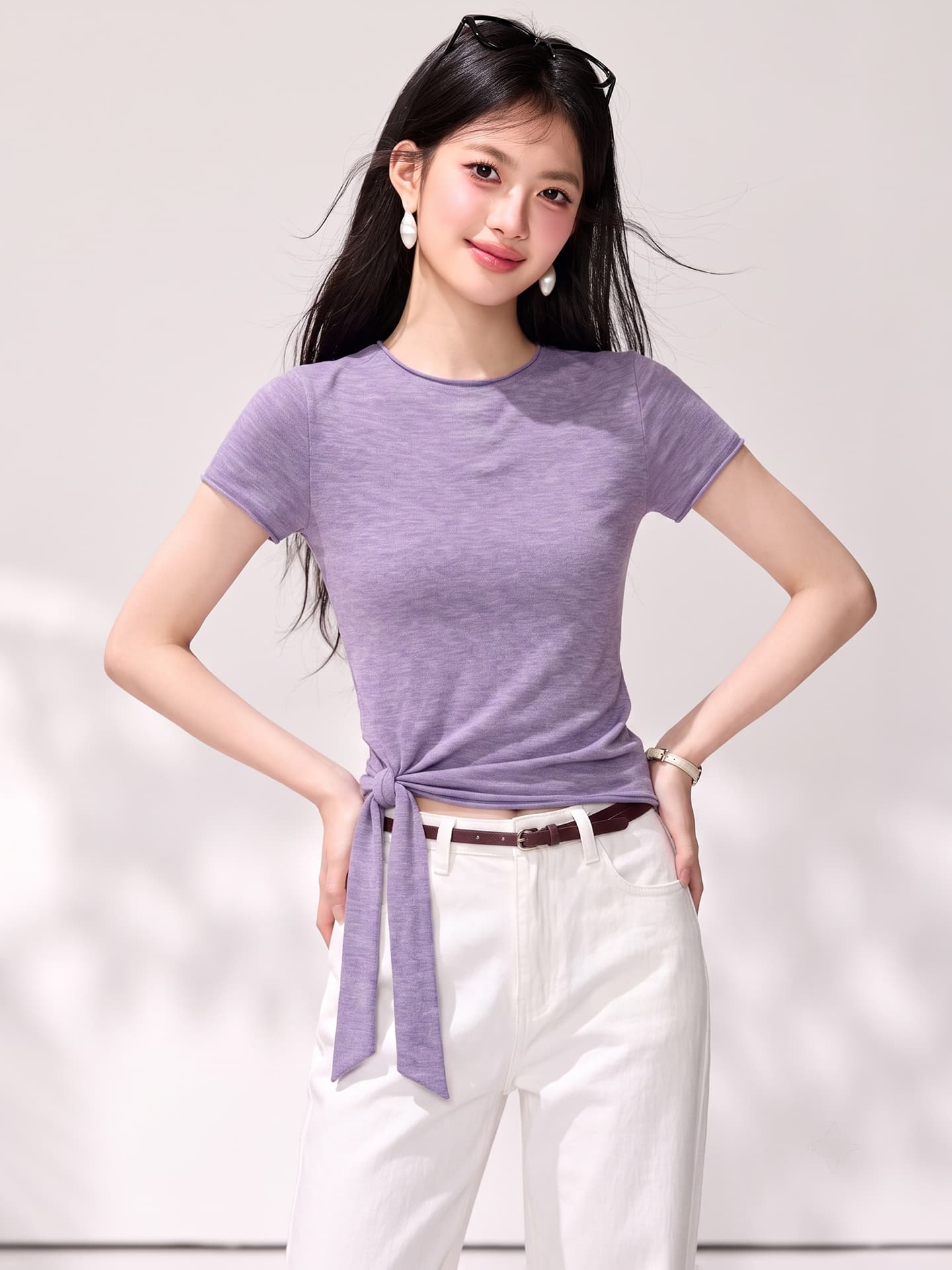실사 디자인 센스 불규칙 스트랩 녹색 반팔 니트 스웨터 맨위 여성 레트로 빛 요리 한 바람 슬림해 보이는 맨위 이미지 3