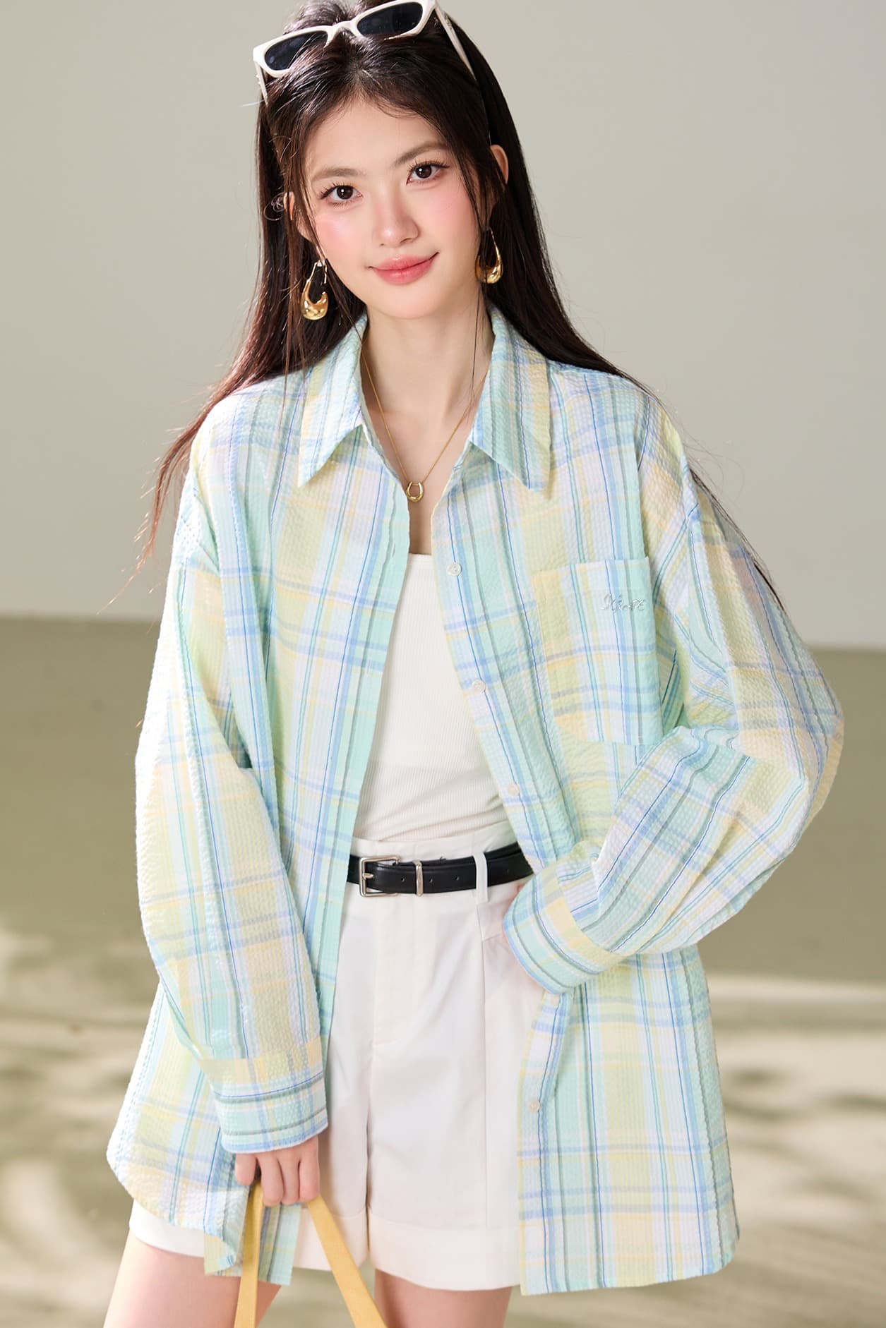 실사 있음 재킷 한 부서 루즈핏 자외선 차단 긴팔 격자 무늬 셔츠 느긋한 디자인 센스 맨위 박하 이미지 6