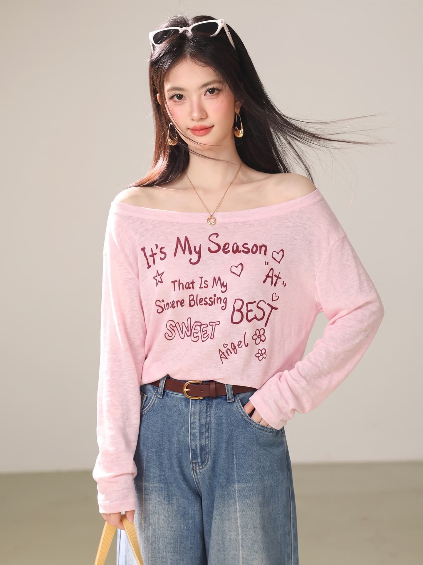 실사 있음 한 부서 오프숄더 도파민 긴팔 티셔츠 여성 얇은 스타일 자외선 차단 블라우스 디자인 센스 핑크색 맨위 이미지 5