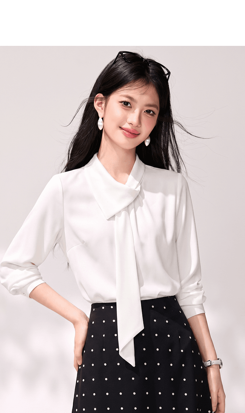 실사 고급 센스 여성 의류 2026 봄 쇼핑몰 새로운 스탠드 칼라 리본 도루 가을 센스 긴팔 캐주얼 셔츠 상세 이미지 3