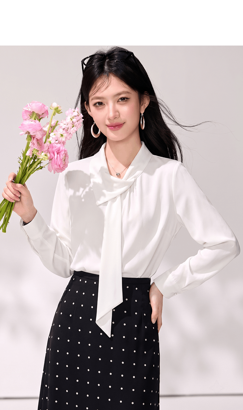 실사 고급 센스 여성 의류 2026 봄 쇼핑몰 새로운 스탠드 칼라 리본 도루 가을 센스 긴팔 캐주얼 셔츠 상세 이미지 4