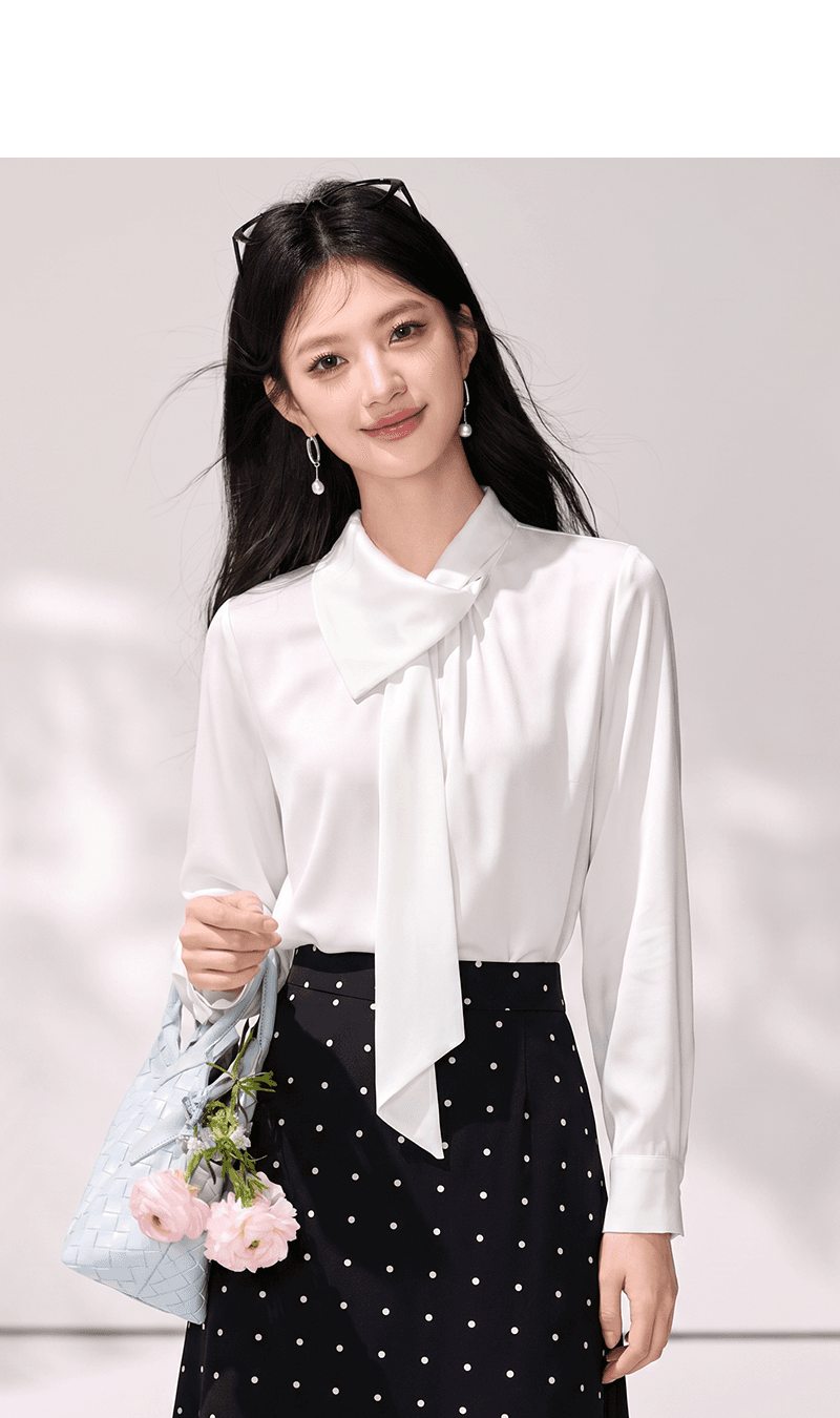 실사 고급 센스 여성 의류 2026 봄 쇼핑몰 새로운 스탠드 칼라 리본 도루 가을 센스 긴팔 캐주얼 셔츠 상세 이미지 5