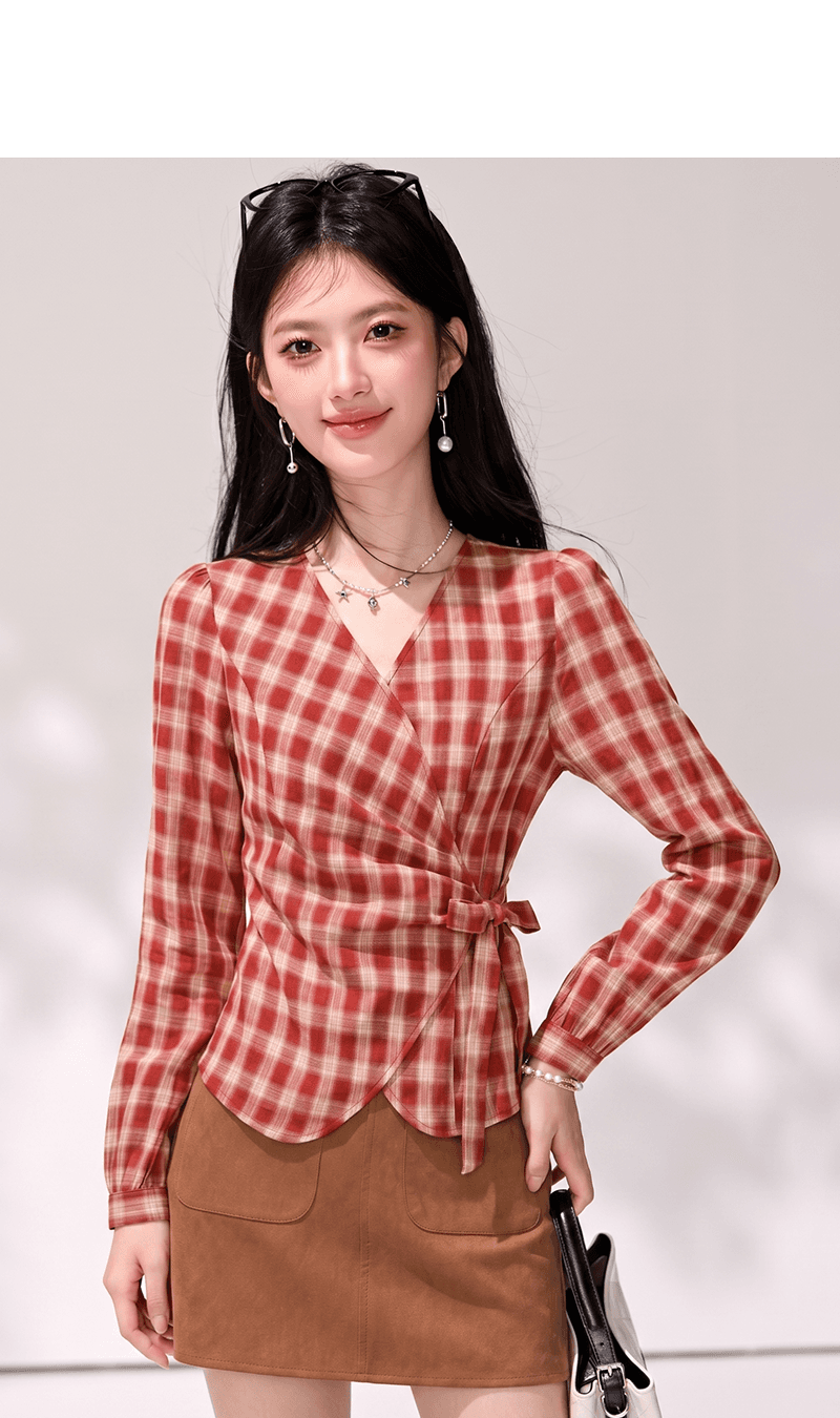 실사 2026 봄 여름 새로운 빨간색 체크무늬 셔츠 V넥 허리 수축 스트랩 셔츠 긴팔 맨위 여성 상세 이미지 3